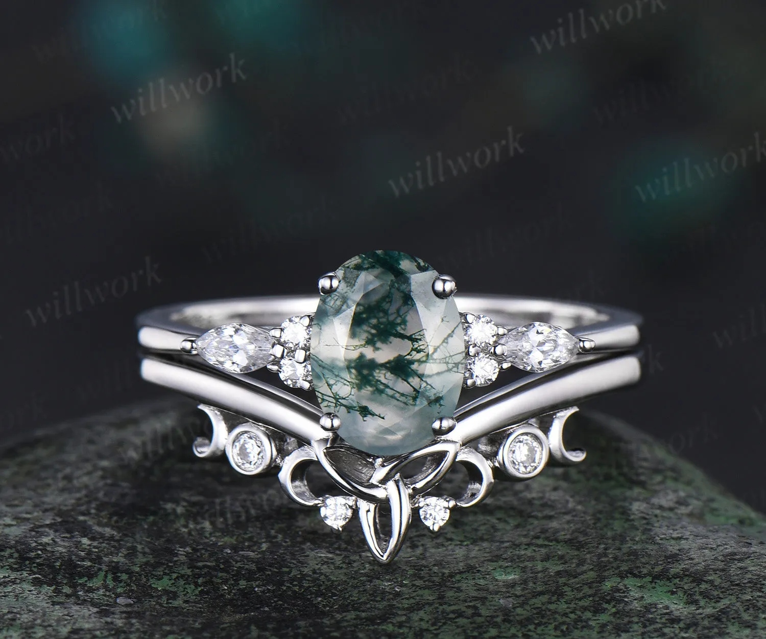 Unique bridal ring set oval cut moss agate engagement ring set vintage moissanite ring set 14k white gold women cluster marquise ring jewelry sold by Willwork Jewelry