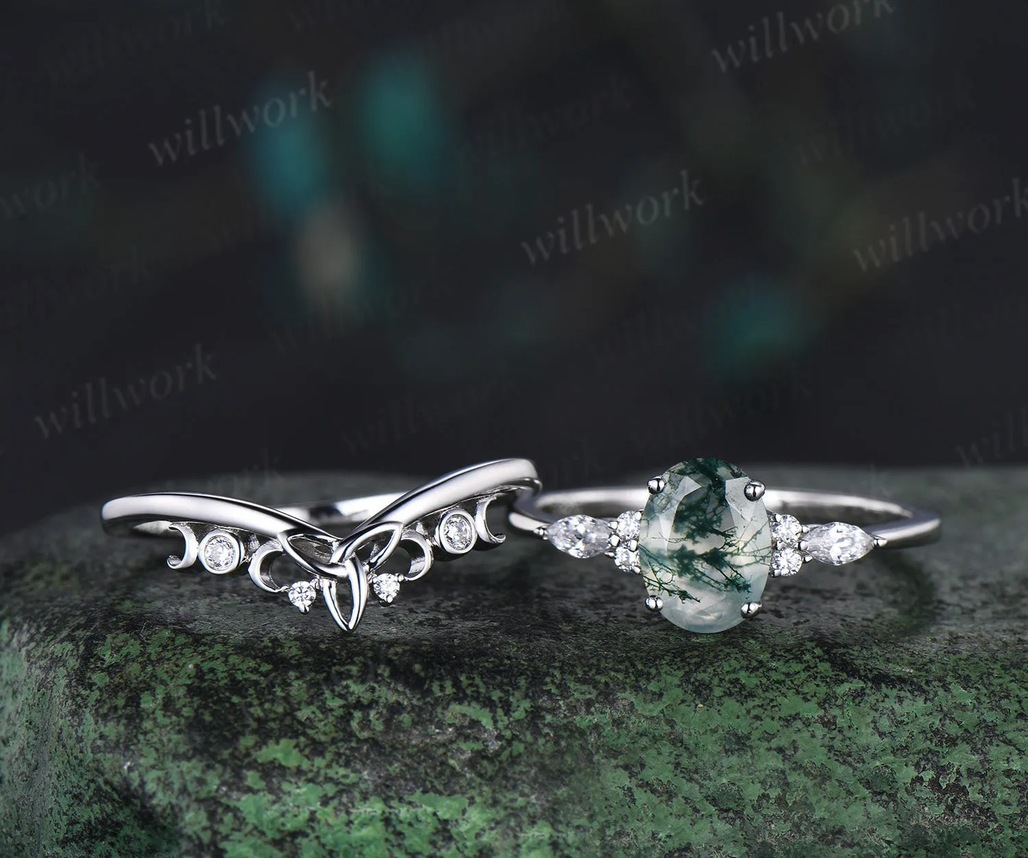 Unique bridal ring set oval cut moss agate engagement ring set vintage moissanite ring set 14k white gold women cluster marquise ring jewelry sold by Willwork Jewelry product image thumbnail 2