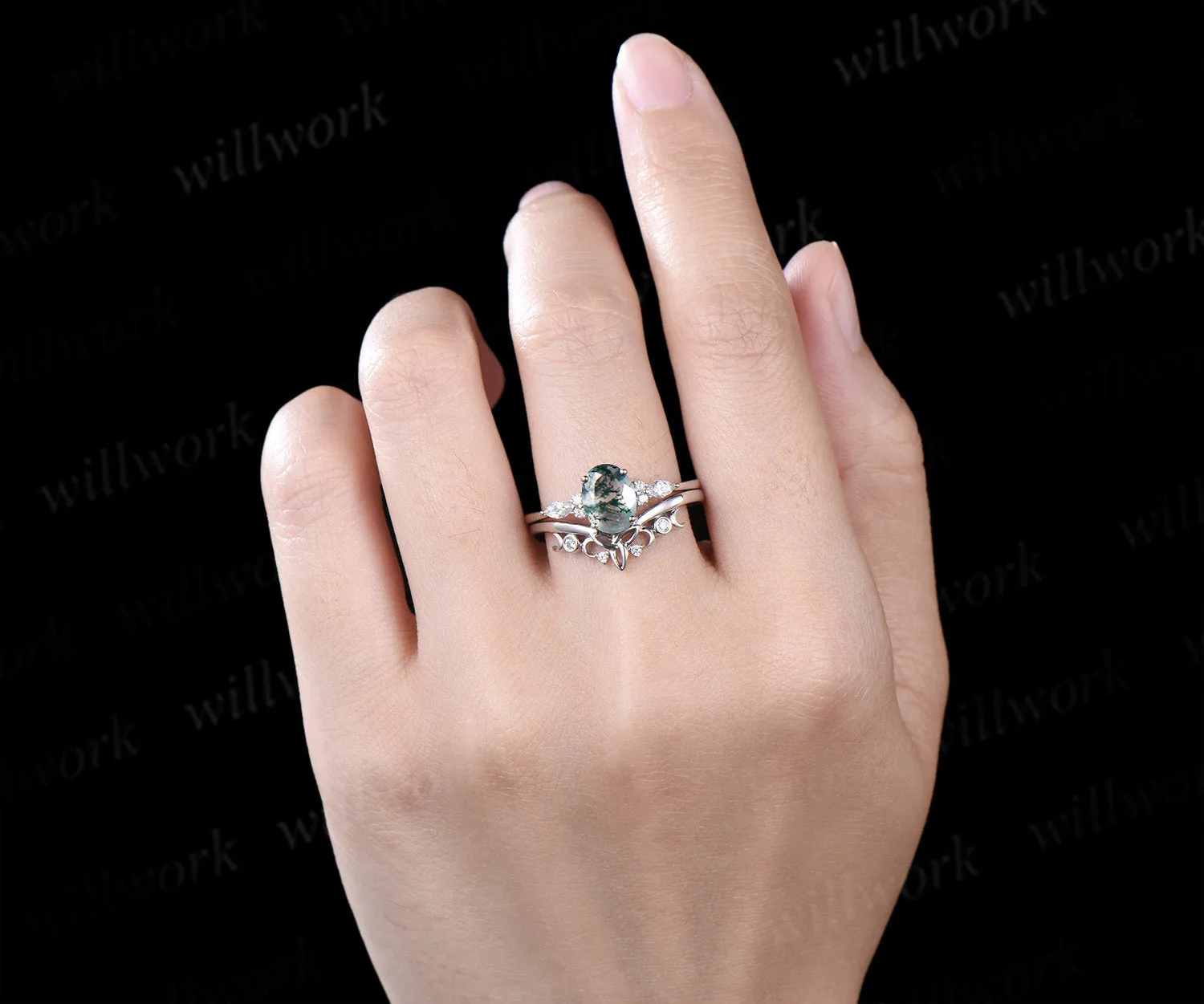Unique bridal ring set oval cut moss agate engagement ring set vintage moissanite ring set 14k white gold women cluster marquise ring jewelry sold by Willwork Jewelry product image thumbnail 3