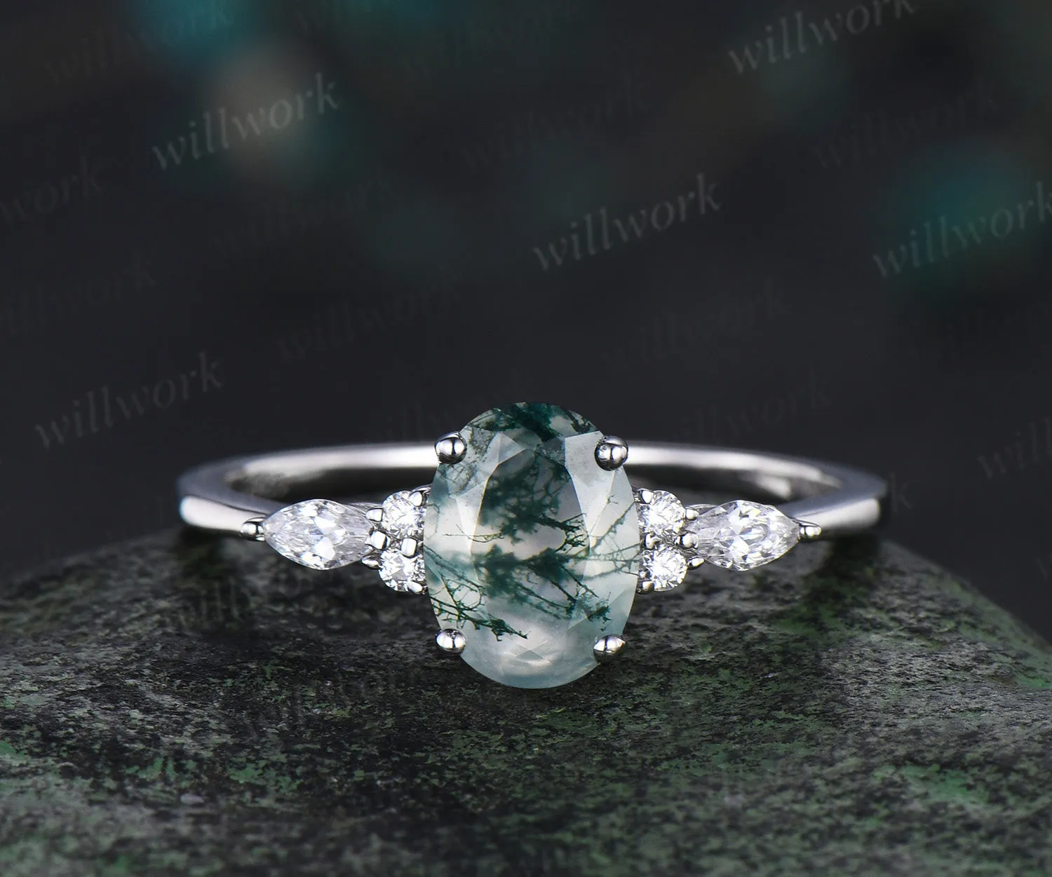 Unique bridal ring set oval cut moss agate engagement ring set vintage moissanite ring set 14k white gold women cluster marquise ring jewelry sold by Willwork Jewelry product image thumbnail 5