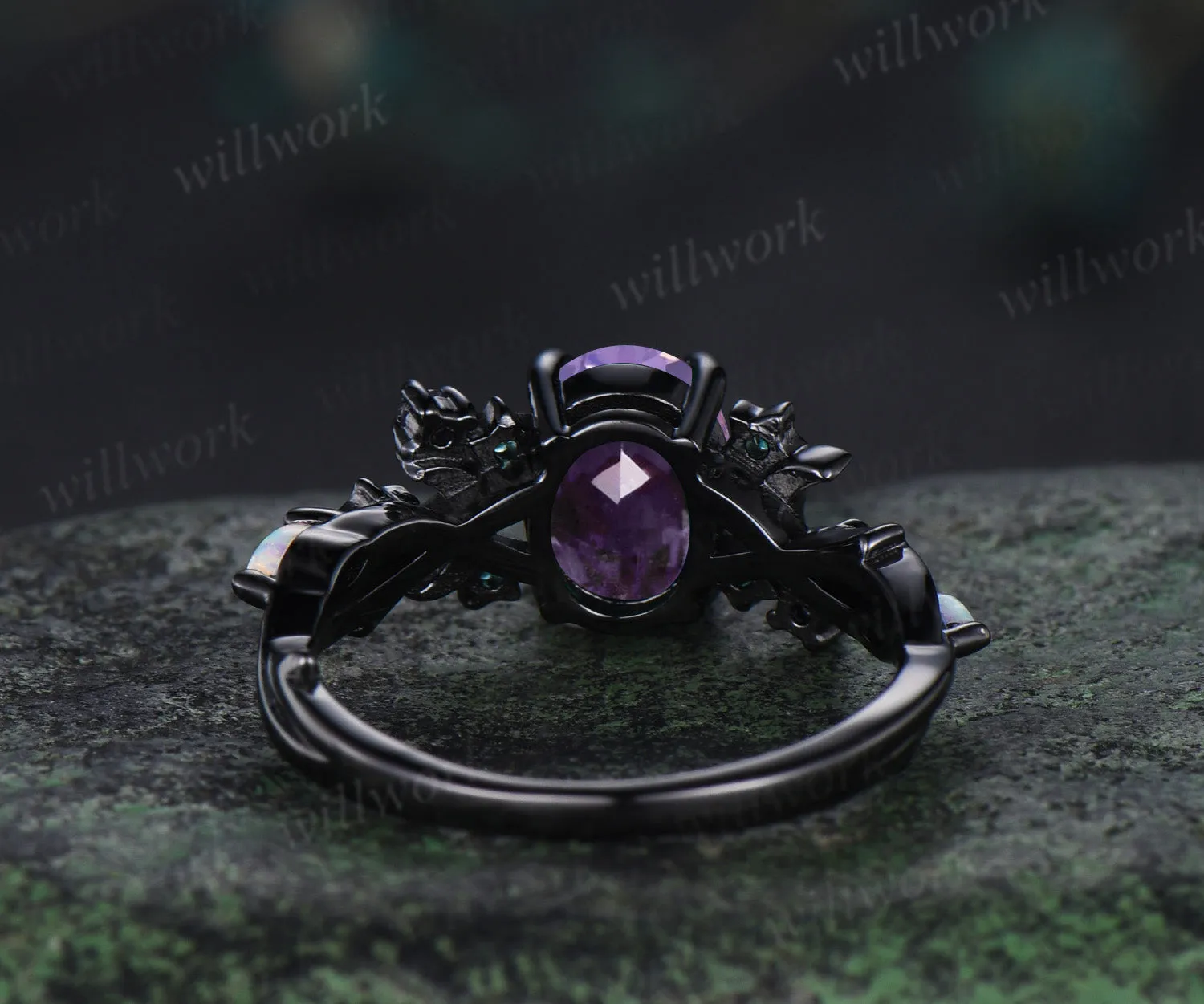 Unique Moon Star Lavender Amethyst Engagement Ring Magic Fire Opal Galaxy amethyst Emerald Amethyst ring black gold sold by Willwork Jewelry product image thumbnail 5
