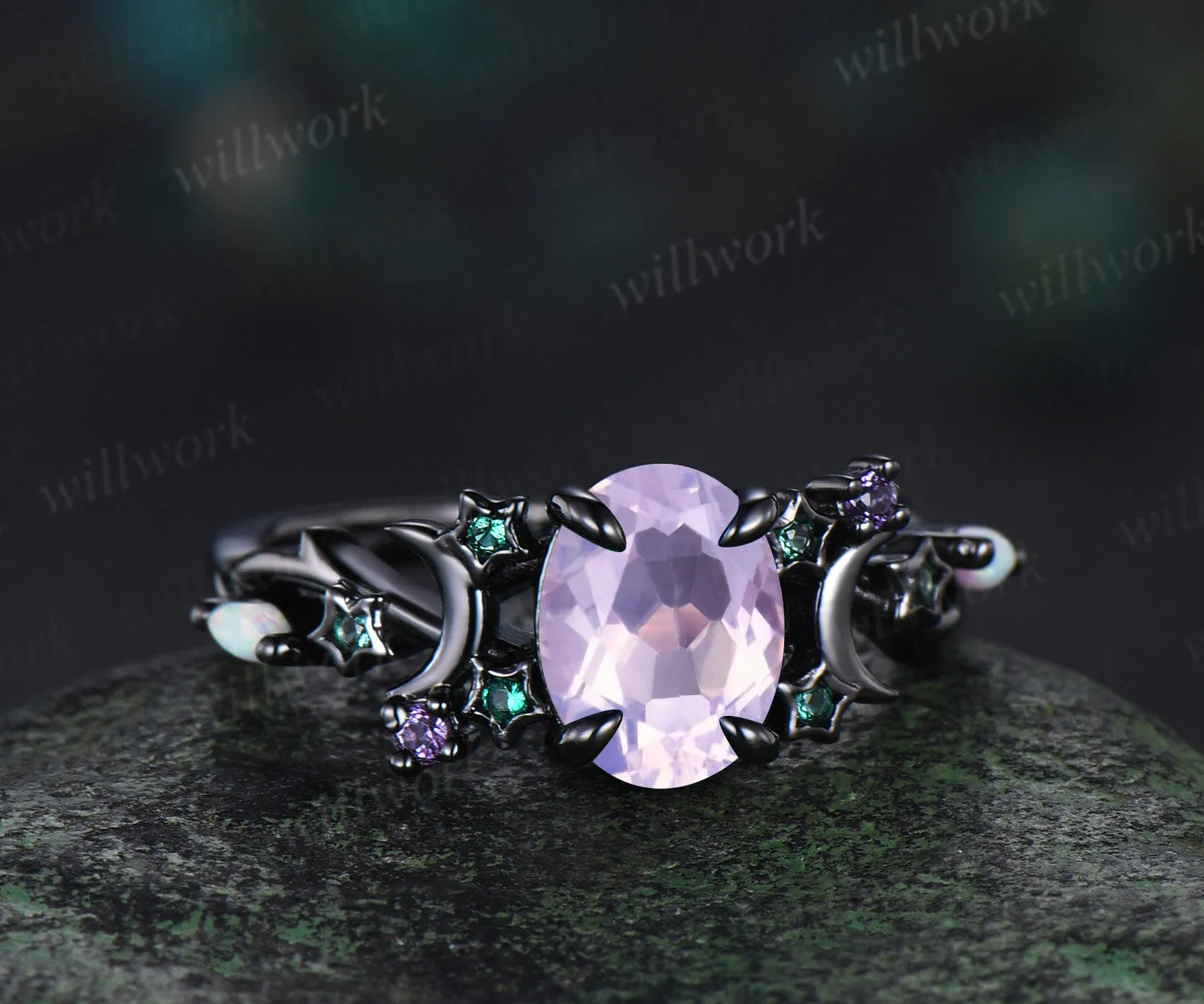 Unique Moon Star Lavender Amethyst Engagement Ring Magic Fire Opal Galaxy amethyst Emerald Amethyst ring black gold sold by Willwork Jewelry product image thumbnail 2
