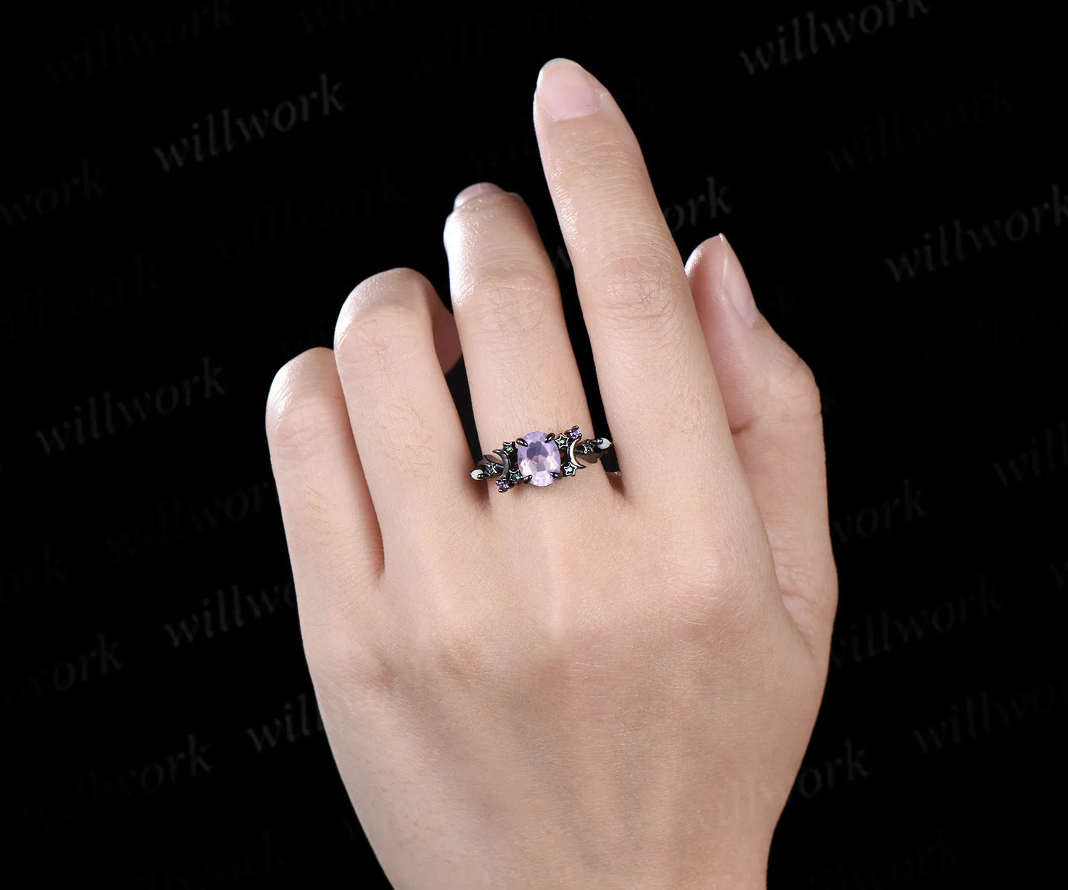 Unique Moon Star Lavender Amethyst Engagement Ring Magic Fire Opal Galaxy amethyst Emerald Amethyst ring black gold sold by Willwork Jewelry product image thumbnail 3