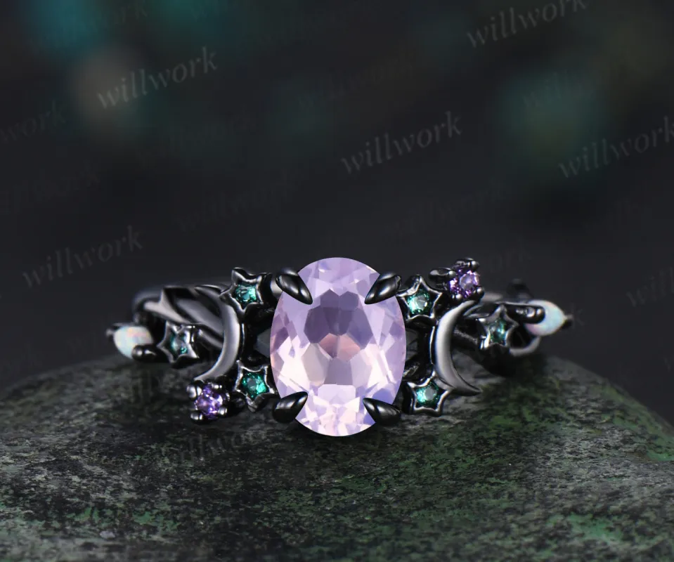 Unique Moon Star Lavender Amethyst Engagement Ring Magic Fire Opal Galaxy amethyst Emerald Amethyst ring black gold sold by Willwork Jewelry