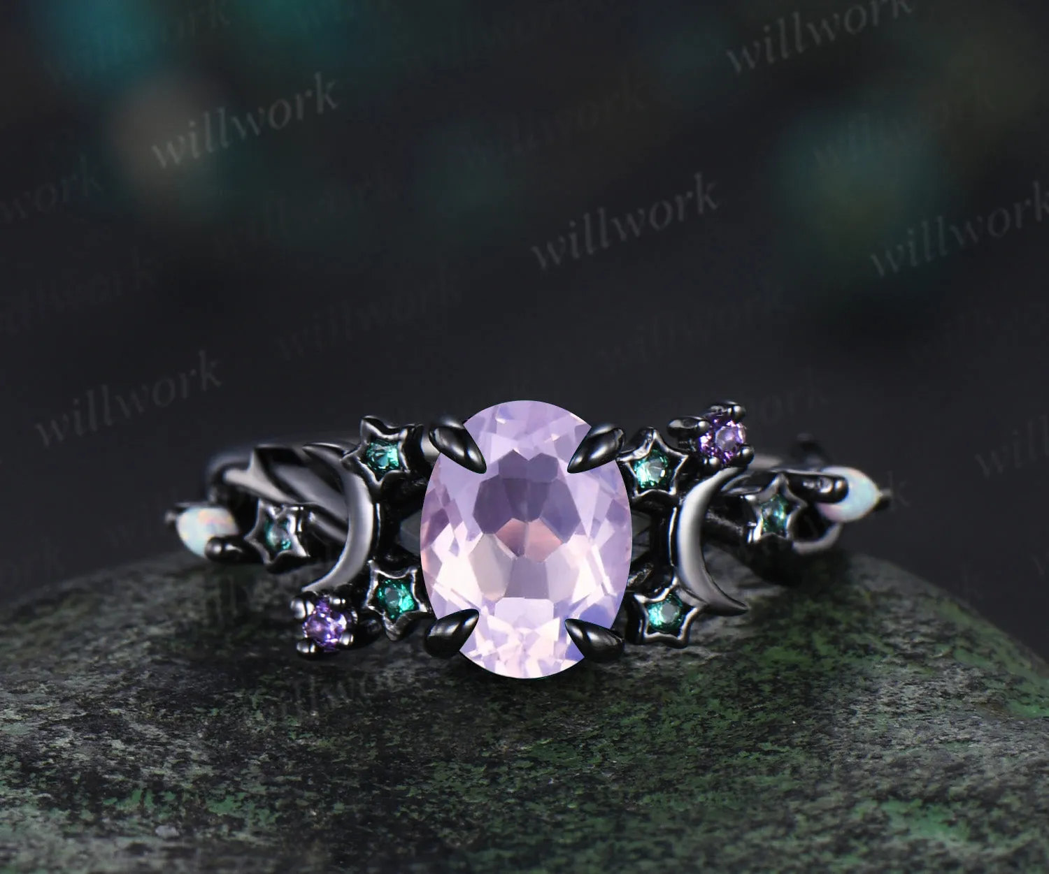 Unique Moon Star Lavender Amethyst Engagement Ring Magic Fire Opal Galaxy amethyst Emerald Amethyst ring black gold sold by Willwork Jewelry