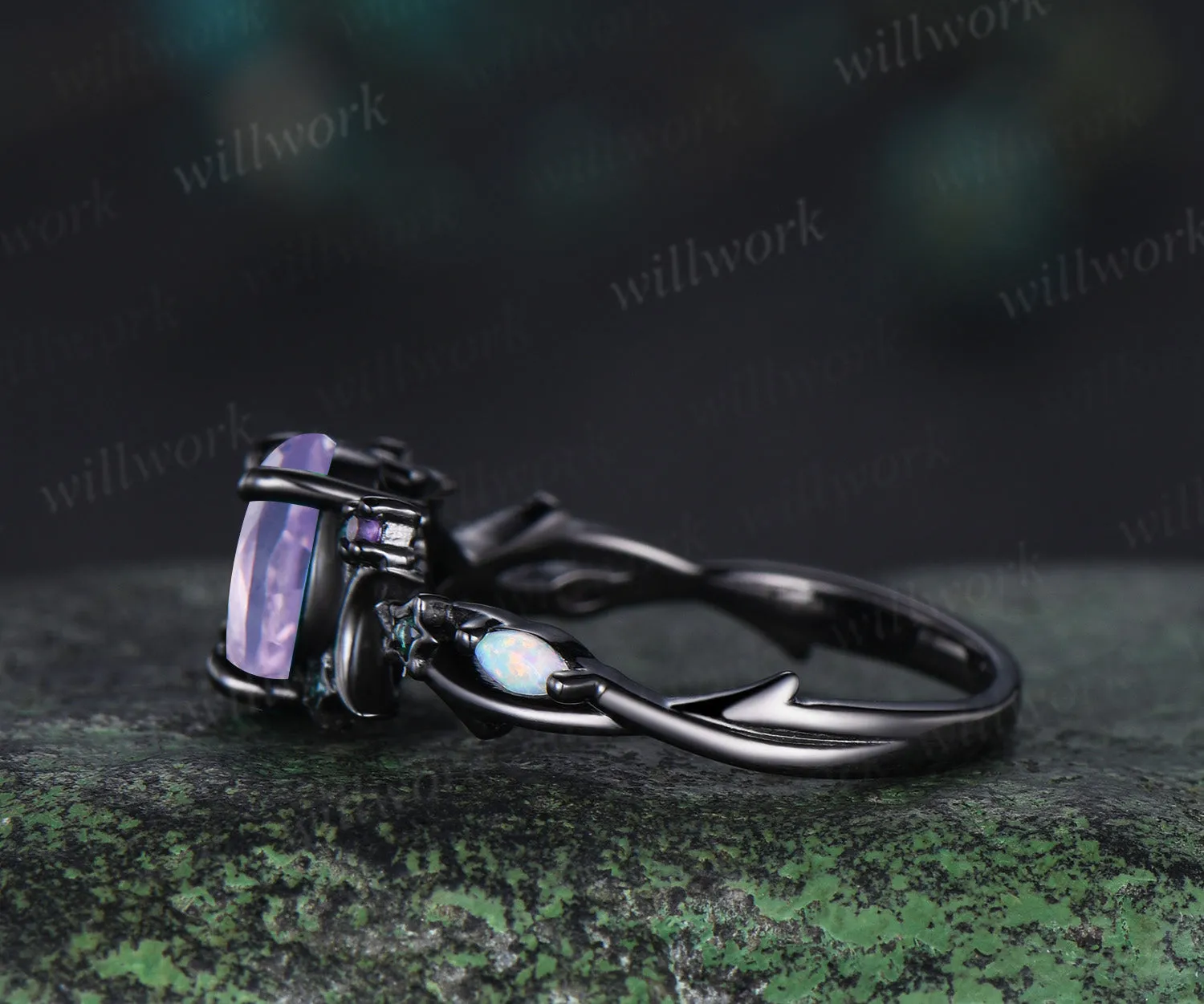 Unique Moon Star Lavender Amethyst Engagement Ring Magic Fire Opal Galaxy amethyst Emerald Amethyst ring black gold sold by Willwork Jewelry product image thumbnail 4
