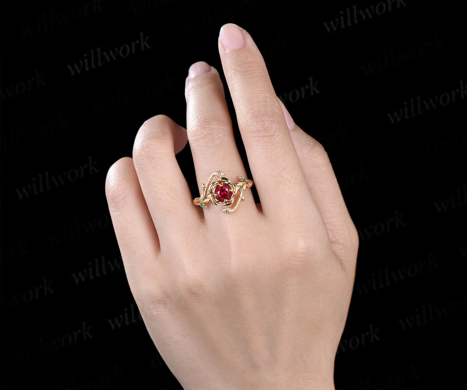 Round cut ruby engagement ring flower floral snake three stone emerald ring vintage wedding ring women jewelry sold by Willwork Jewelry product image thumbnail 5