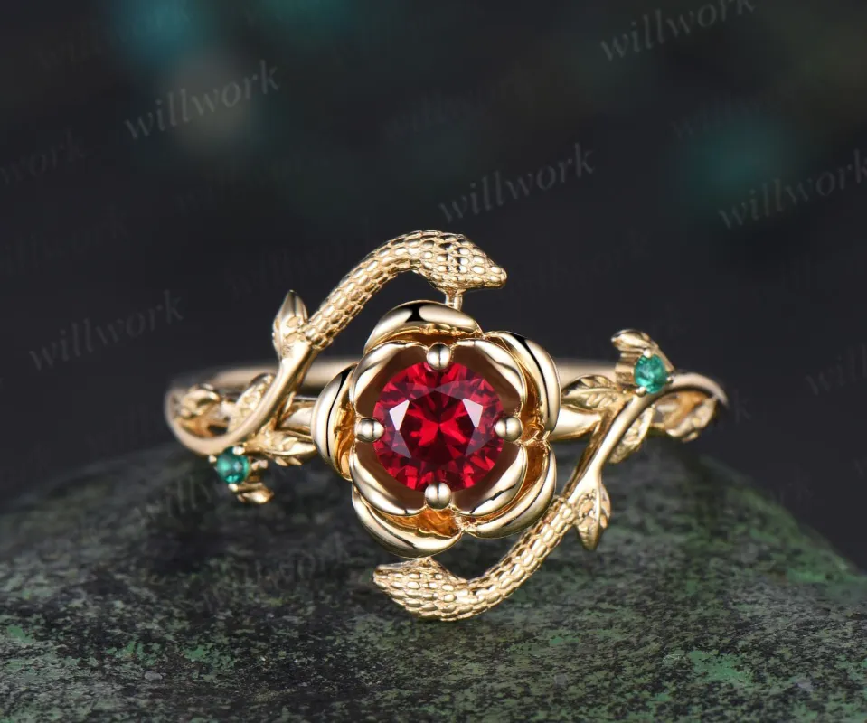 Round cut ruby engagement ring flower floral snake three stone emerald ring vintage wedding ring women jewelry sold by Willwork Jewelry