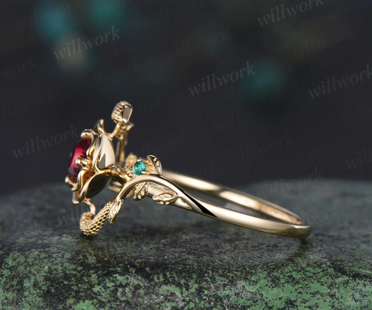 Round cut ruby engagement ring flower floral snake three stone emerald ring vintage wedding ring women jewelry sold by Willwork Jewelry product image thumbnail 3