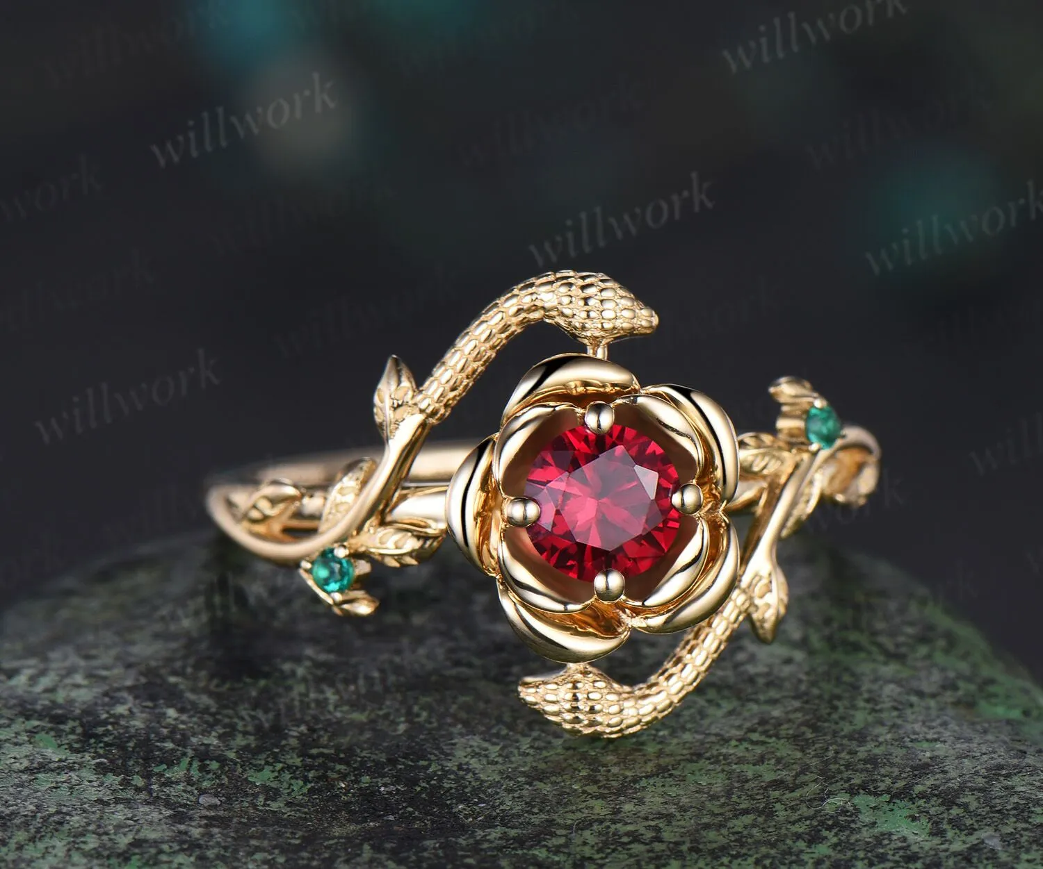 Round cut ruby engagement ring flower floral snake three stone emerald ring vintage wedding ring women jewelry sold by Willwork Jewelry product image thumbnail 2