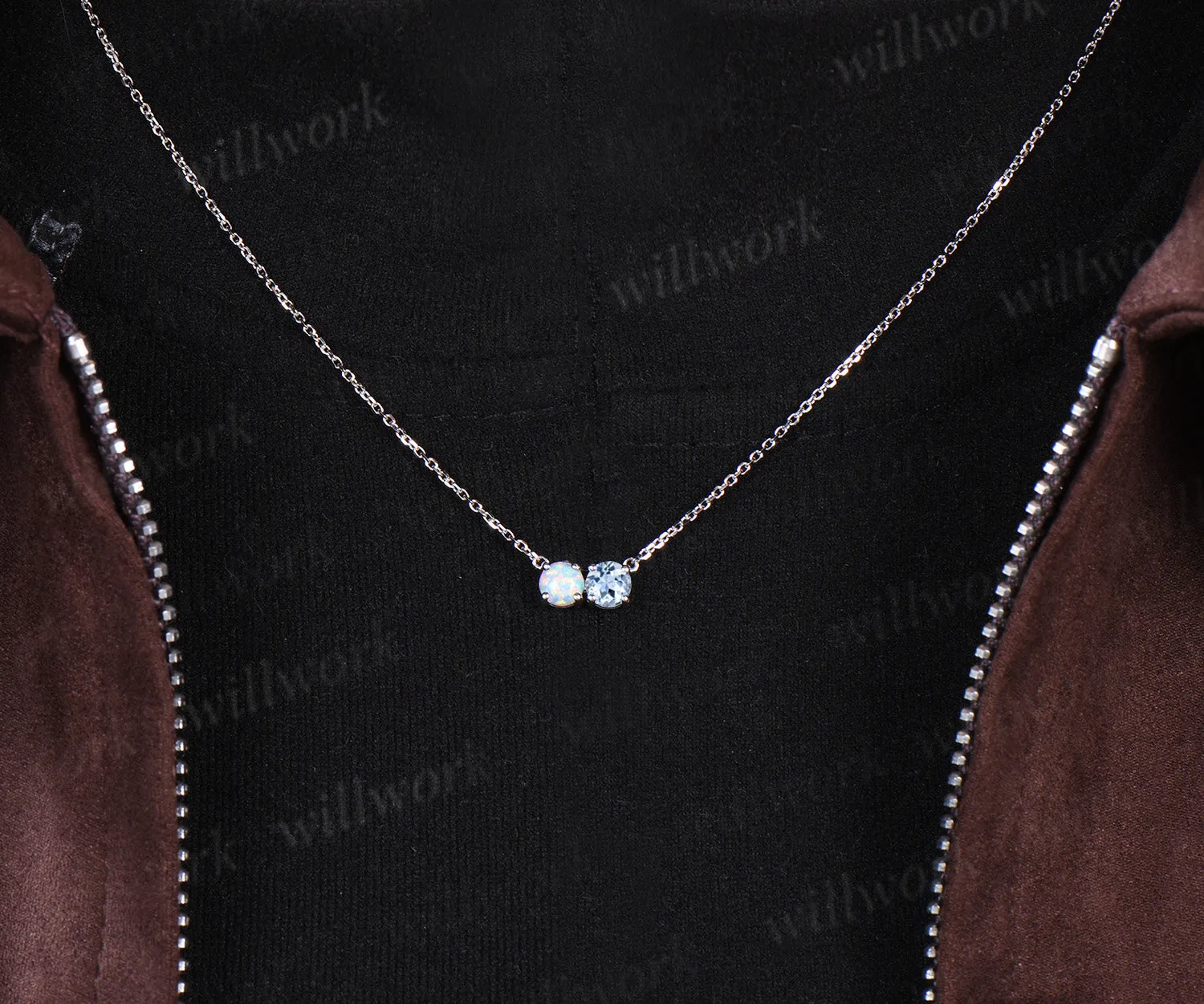 Two stone round cut opal aquamarine Necklace solid 14k 18k white gold Pendant dainty gift sold by Willwork Jewelry product image thumbnail 4