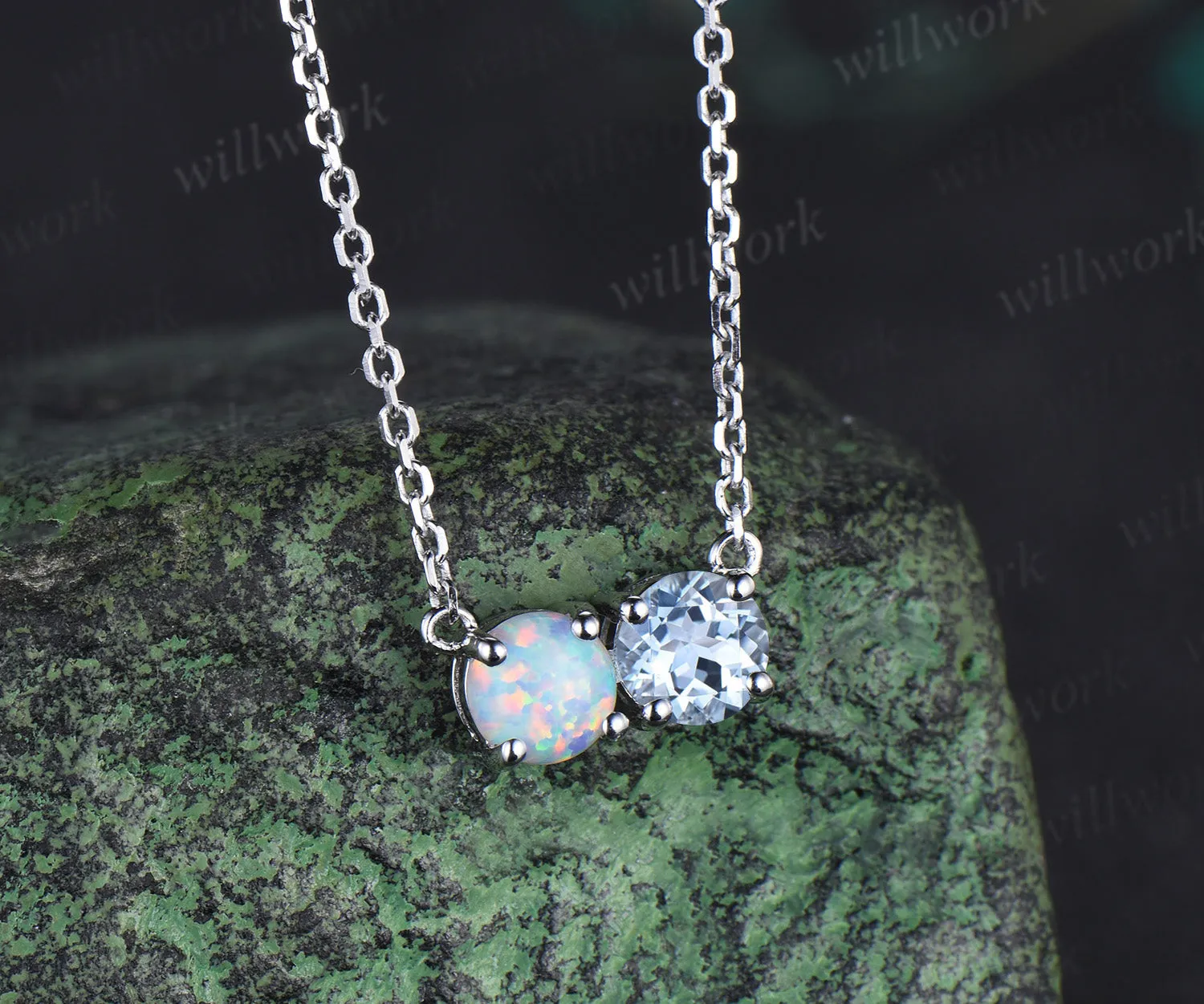 Two stone round cut opal aquamarine Necklace solid 14k 18k white gold Pendant dainty gift sold by Willwork Jewelry product image thumbnail 2