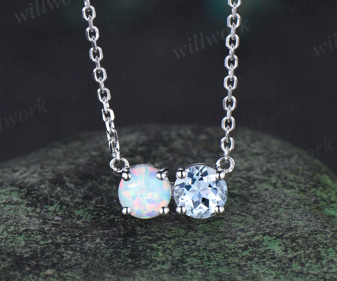 Two stone round cut opal aquamarine Necklace solid 14k 18k white gold Pendant dainty gift sold by Willwork Jewelry