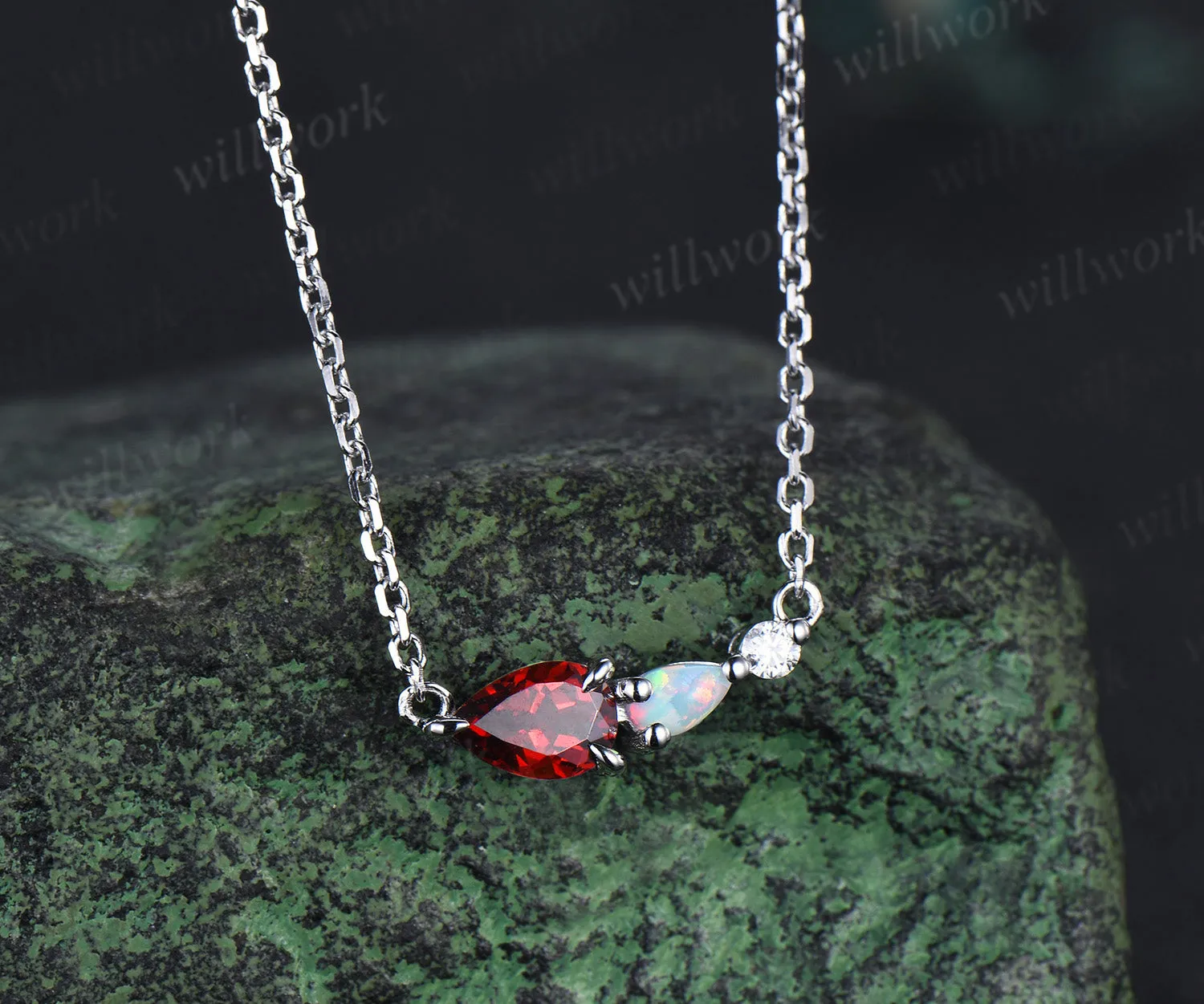 Unique Garnet Opal Necklace Pear Cut Gems Art Deco Moissanite Delicate Dainty Necklace 3 Stone Unique Women Bridal Gift White gold sold by Willwork Jewelry product image thumbnail 2
