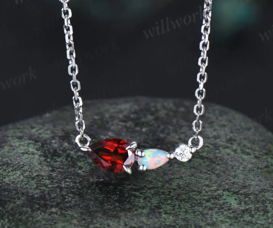 Unique Garnet Opal Necklace Pear Cut Gems Art Deco Moissanite Delicate Dainty Necklace 3 Stone Unique Women Bridal Gift White gold sold by Willwork Jewelry