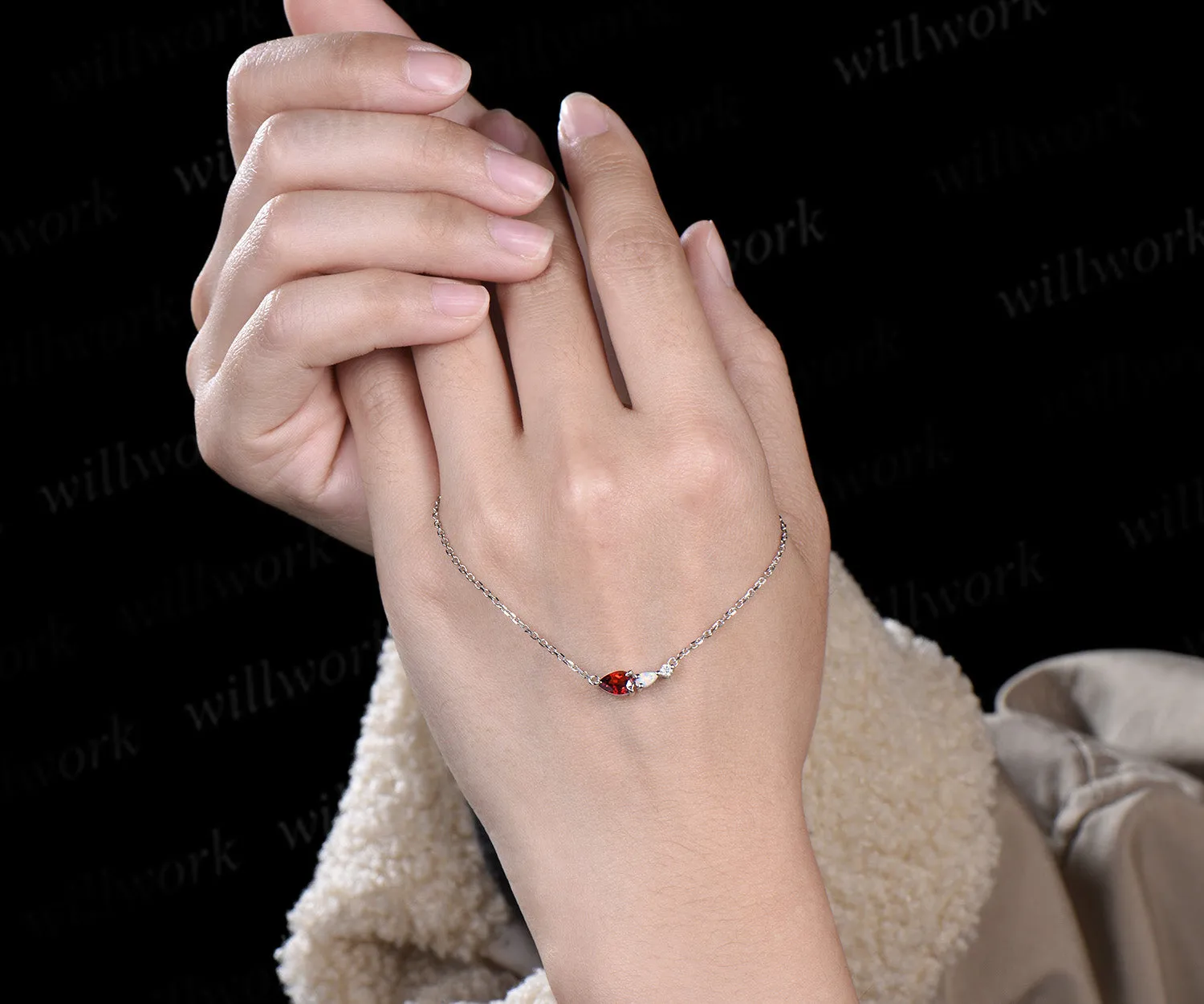 Unique Garnet Opal Necklace Pear Cut Gems Art Deco Moissanite Delicate Dainty Necklace 3 Stone Unique Women Bridal Gift White gold sold by Willwork Jewelry product image thumbnail 4