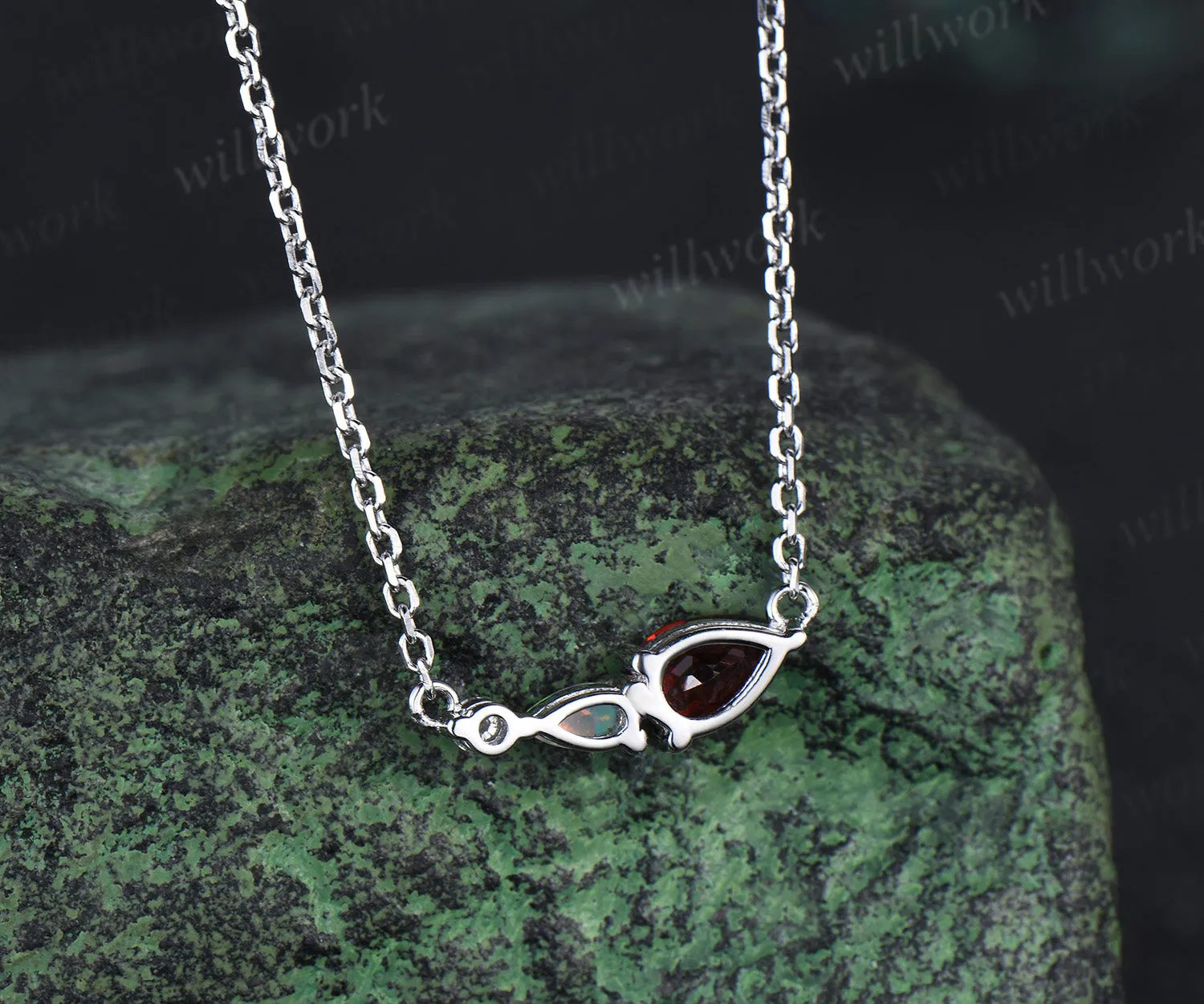 Unique Garnet Opal Necklace Pear Cut Gems Art Deco Moissanite Delicate Dainty Necklace 3 Stone Unique Women Bridal Gift White gold sold by Willwork Jewelry product image thumbnail 3