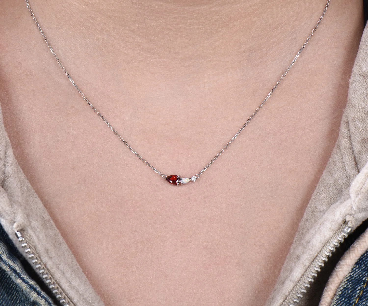 Unique Garnet Opal Necklace Pear Cut Gems Art Deco Moissanite Delicate Dainty Necklace 3 Stone Unique Women Bridal Gift White gold sold by Willwork Jewelry product image thumbnail 5