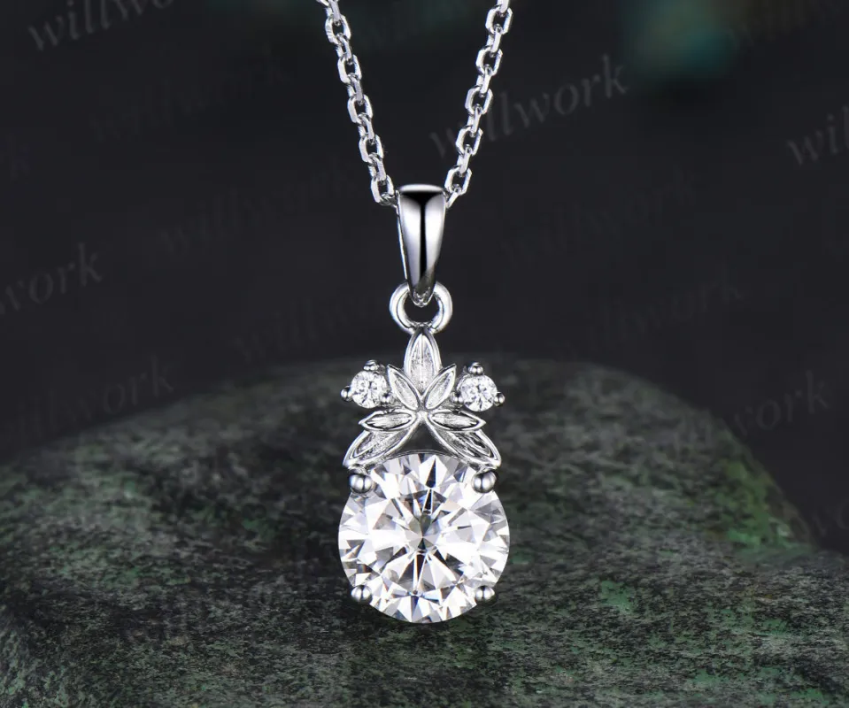 Unique Leaf Nature Inspired Necklace Delicate 2ct Round Cut Moissanite Necklace white gold Three Stone Floral Pendant Bridal Gift sold by Willwork Jewelry