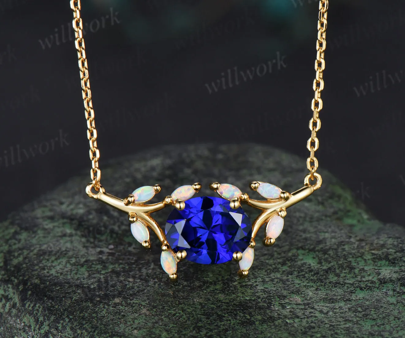 2ct oval blue sapphire Necklace East To West split shank cluster opal Pendant 14k gold anniversary gift women sold by Willwork Jewelry