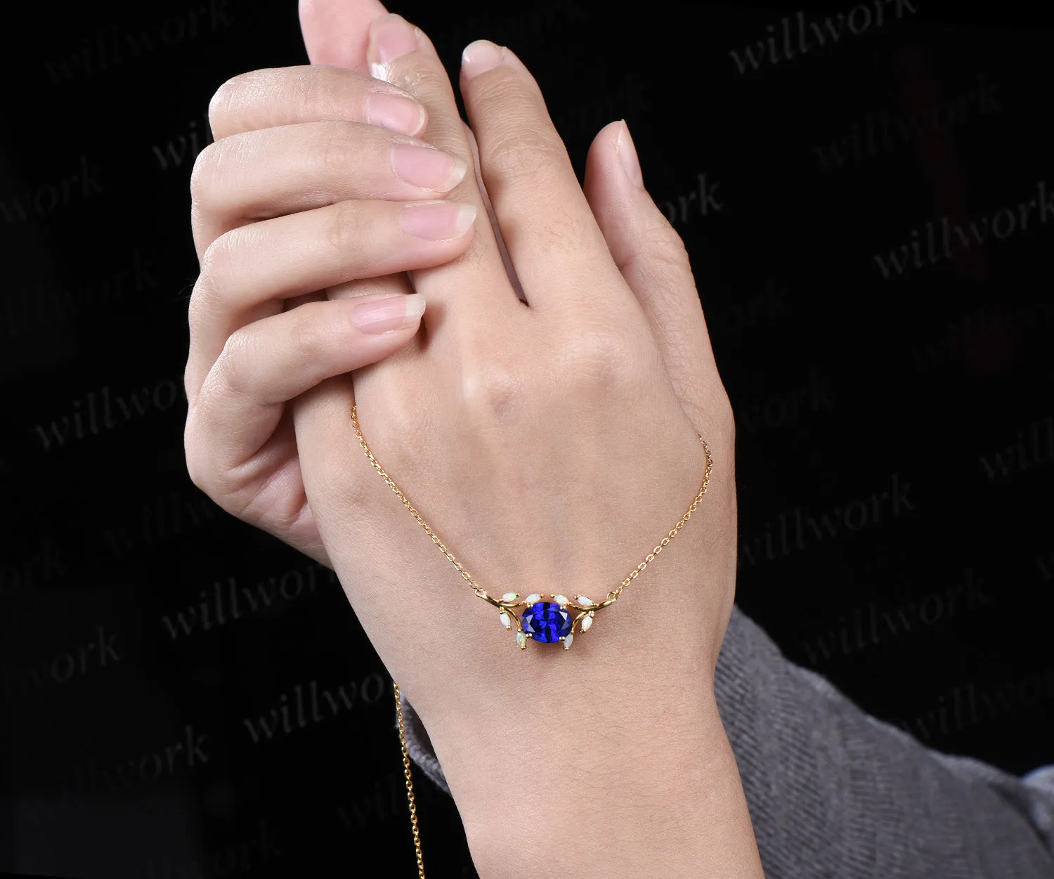 2ct oval blue sapphire Necklace East To West split shank cluster opal Pendant 14k gold anniversary gift women sold by Willwork Jewelry product image thumbnail 3