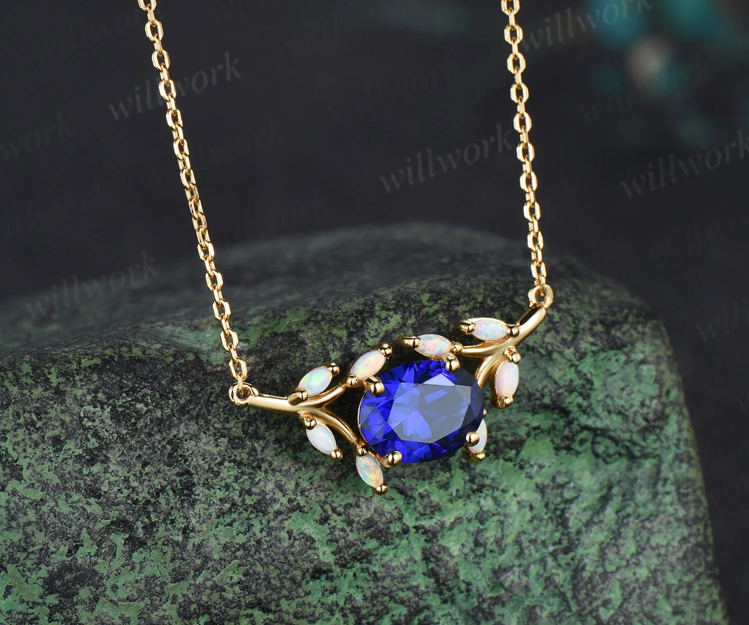 2ct oval blue sapphire Necklace East To West split shank cluster opal Pendant 14k gold anniversary gift women sold by Willwork Jewelry product image thumbnail 2