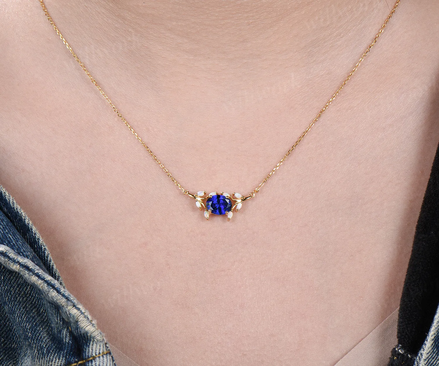 2ct oval blue sapphire Necklace East To West split shank cluster opal Pendant 14k gold anniversary gift women sold by Willwork Jewelry product image thumbnail 5