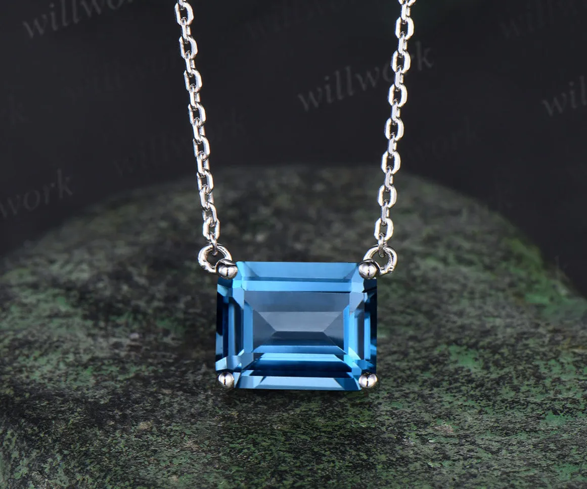 Emerald Cut London Blue Topaz Necklace 14k 18k white gold Solitaire East To West Necklace Women sold by Willwork Jewelry