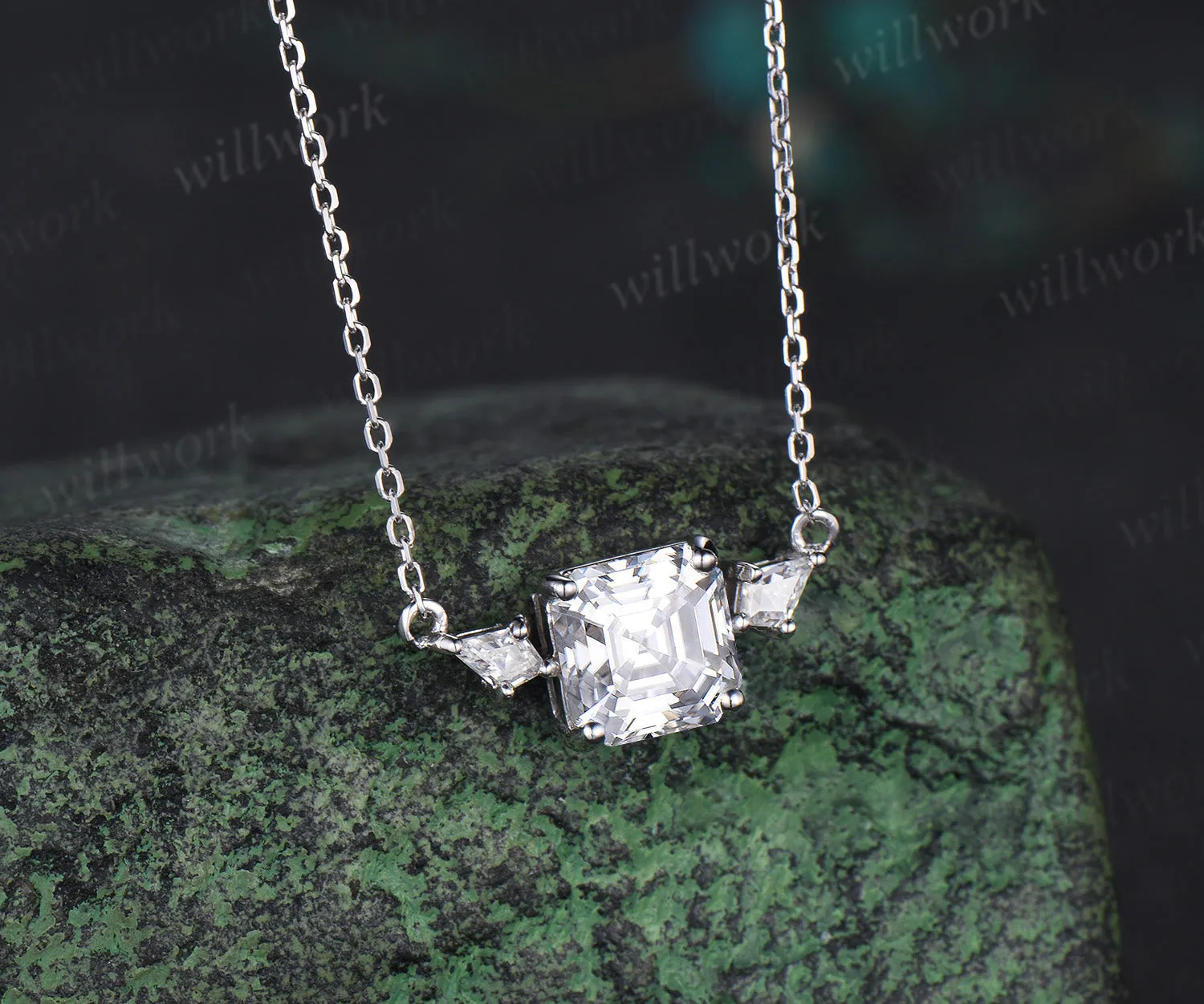 Delicate 2ct Asscher Cut Moissanite Engagement Necklace Unique 14k White Gold Three Stone Pendant Minimalist Moissanite Anniversary Necklace sold by Willwork Jewelry product image thumbnail 2