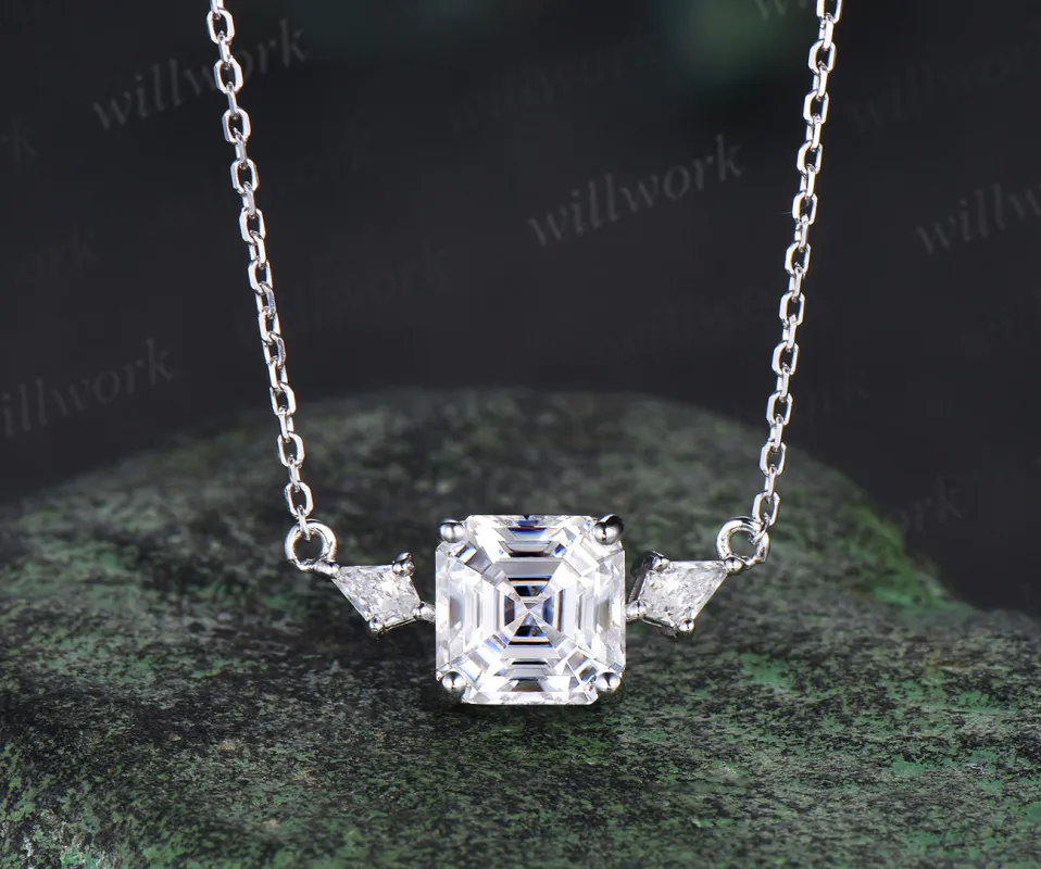 Delicate 2ct Asscher Cut Moissanite Engagement Necklace Unique 14k White Gold Three Stone Pendant Minimalist Moissanite Anniversary Necklace made by Willwork Jewelry