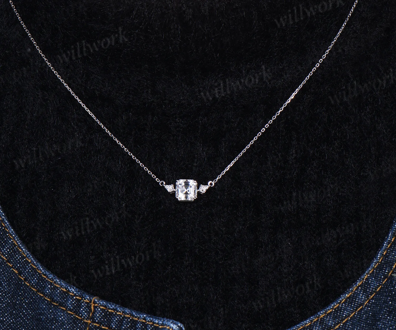 Delicate 2ct Asscher Cut Moissanite Engagement Necklace Unique 14k White Gold Three Stone Pendant Minimalist Moissanite Anniversary Necklace sold by Willwork Jewelry product image thumbnail 4