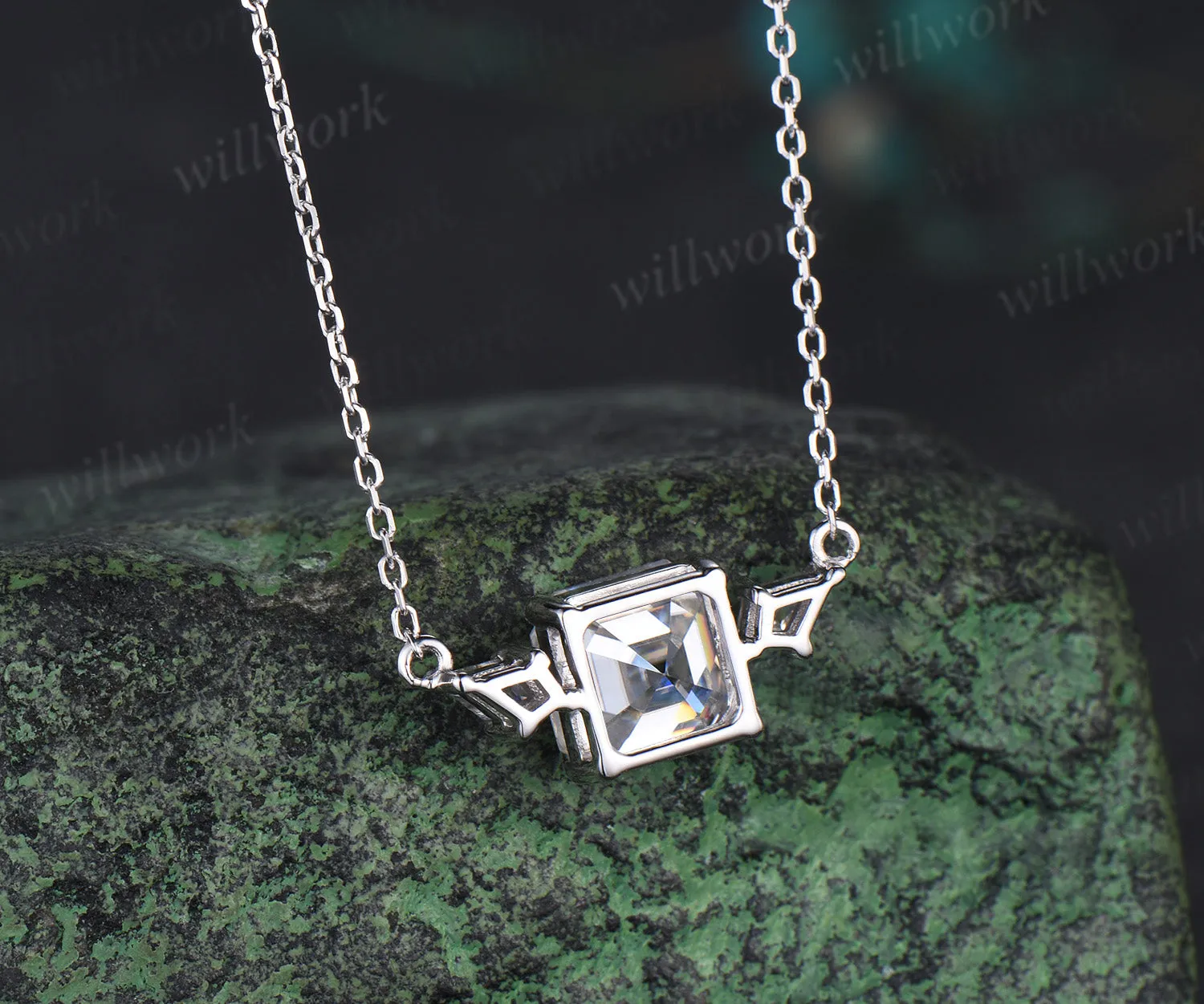 Delicate 2ct Asscher Cut Moissanite Engagement Necklace Unique 14k White Gold Three Stone Pendant Minimalist Moissanite Anniversary Necklace sold by Willwork Jewelry product image thumbnail 5