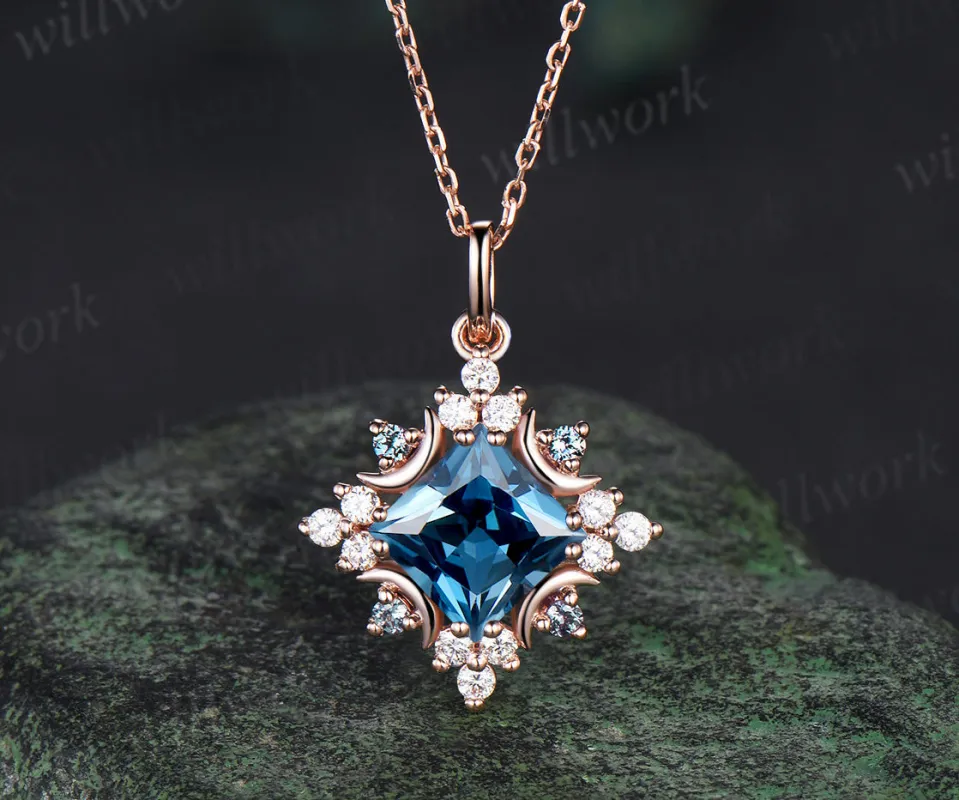 Celestial Moon Pendant Necklace Vintage Princess London Blue Topaz Necklace Square December Birthstone Pendant 14k Rose Gold sold by Willwork Jewelry