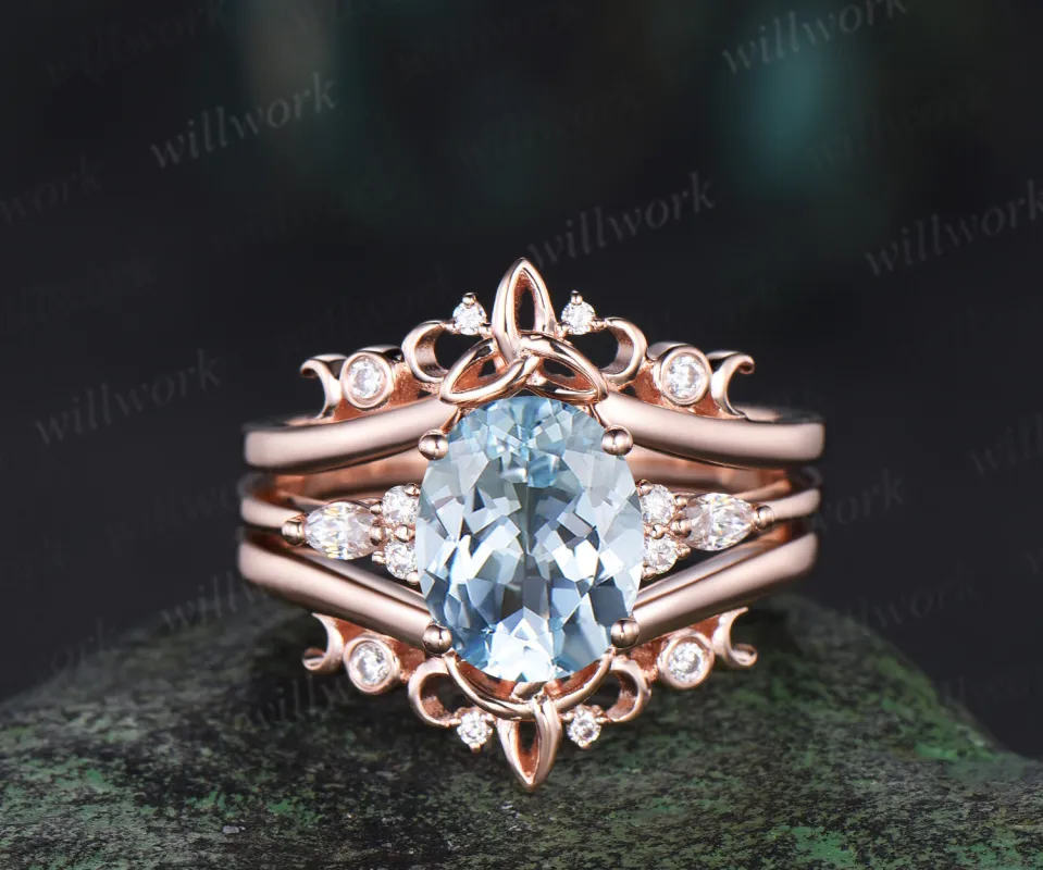 3ct oval cut Aquamarine engagement ring set solid 14k rose gold art deco diamond ring vintage moon Celtic knot wedding ring set women made by Willwork Jewelry