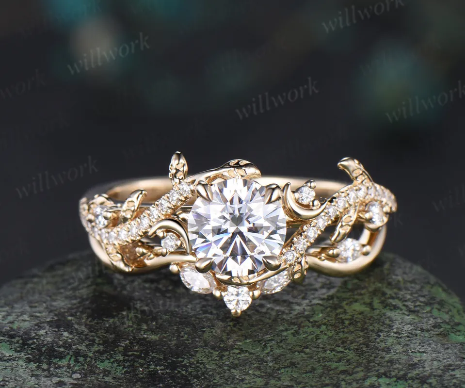 1ct Round Cut IGI Lab Grown Diamond Engagement Ring set 14k yellow gold moon Leaf Nature Inspired wedding Promise Ring Set women sold by Willwork Jewelry