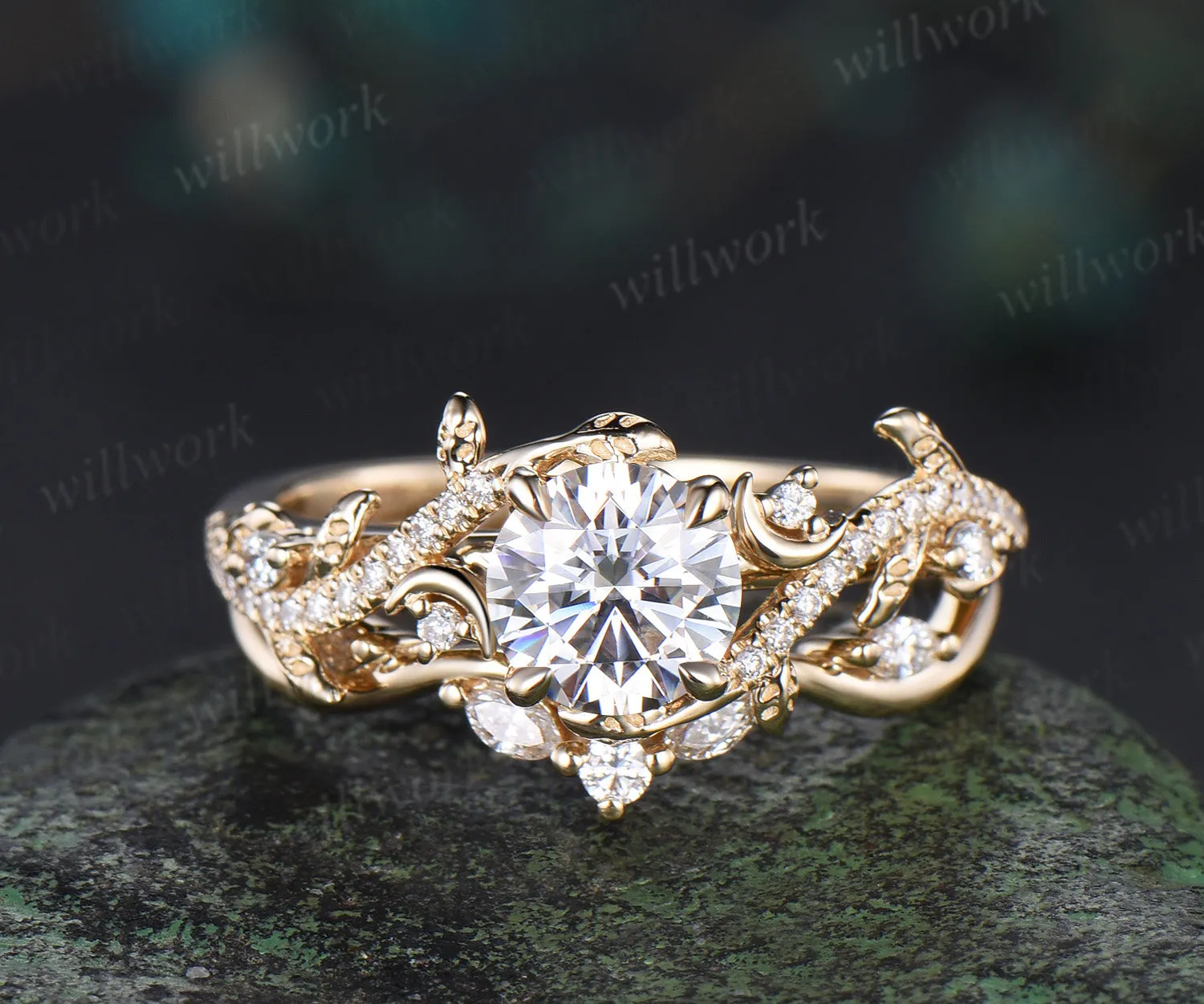 1ct Round Cut IGI Lab Grown Diamond Engagement Ring set 14k yellow gold moon Leaf Nature Inspired wedding Promise Ring Set women sold by Willwork Jewelry