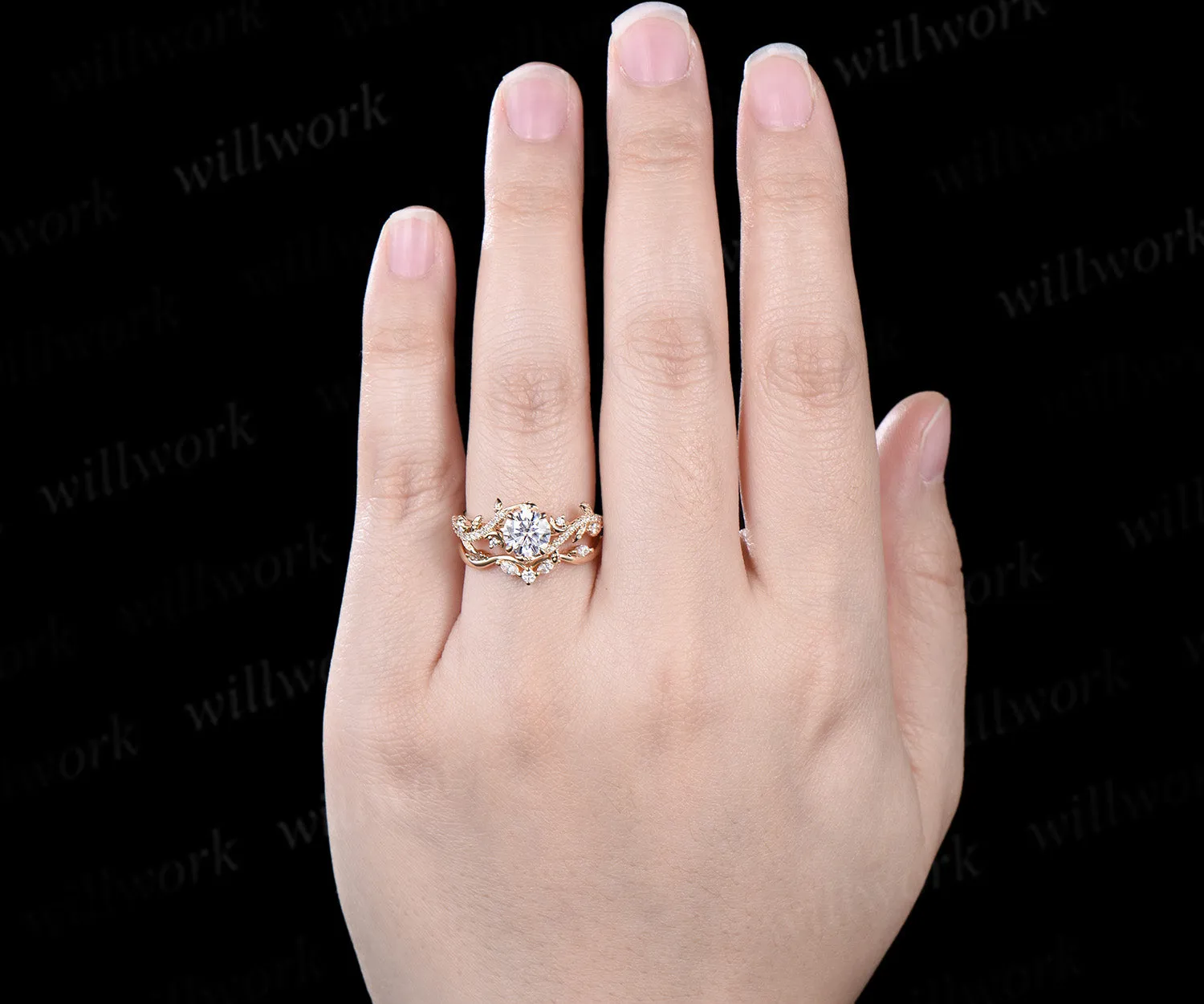 1ct Round Cut IGI Lab Grown Diamond Engagement Ring set 14k yellow gold moon Leaf Nature Inspired wedding Promise Ring Set women sold by Willwork Jewelry product image thumbnail 2