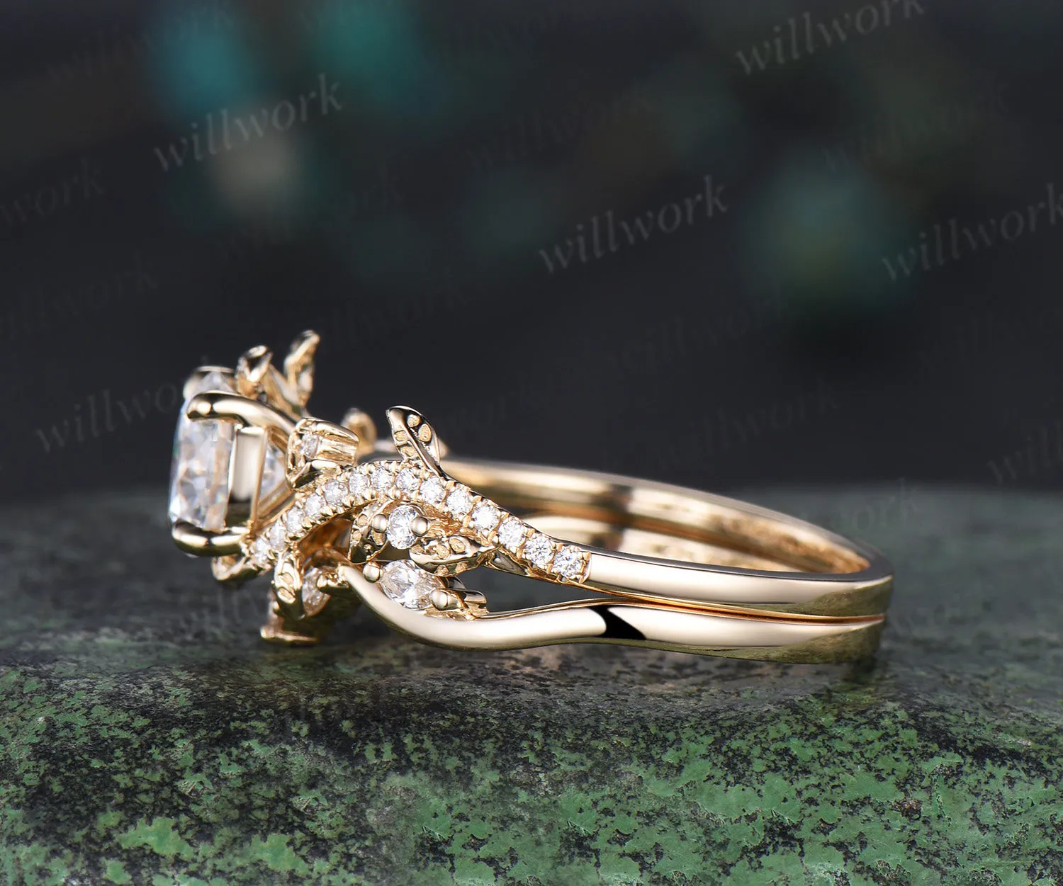 1ct Round Cut IGI Lab Grown Diamond Engagement Ring set 14k yellow gold moon Leaf Nature Inspired wedding Promise Ring Set women sold by Willwork Jewelry product image thumbnail 4
