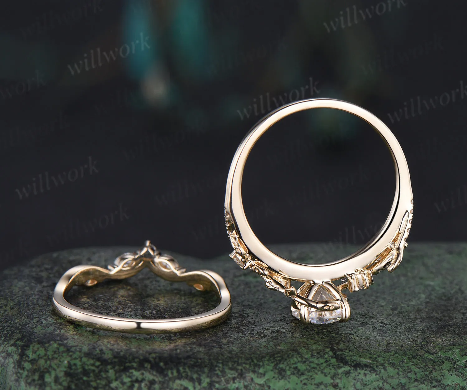 1ct Round Cut IGI Lab Grown Diamond Engagement Ring set 14k yellow gold moon Leaf Nature Inspired wedding Promise Ring Set women sold by Willwork Jewelry product image thumbnail 5