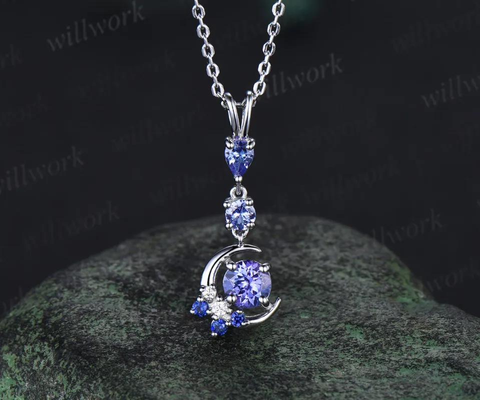 Dainty round cut natural Tanzanite moon pendant Unique Moon white gold Necklace Alternative Cute Branch Necklace Proposal gifts for women sold by Willwork Jewelry