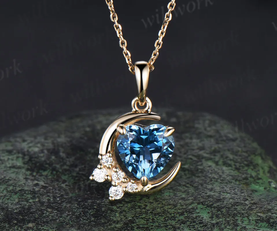 Vintage heart shaped London blue topaz necklace14k yellow gold cluster moon snowdrift diamond pendant women anniversary gift sold by Willwork Jewelry