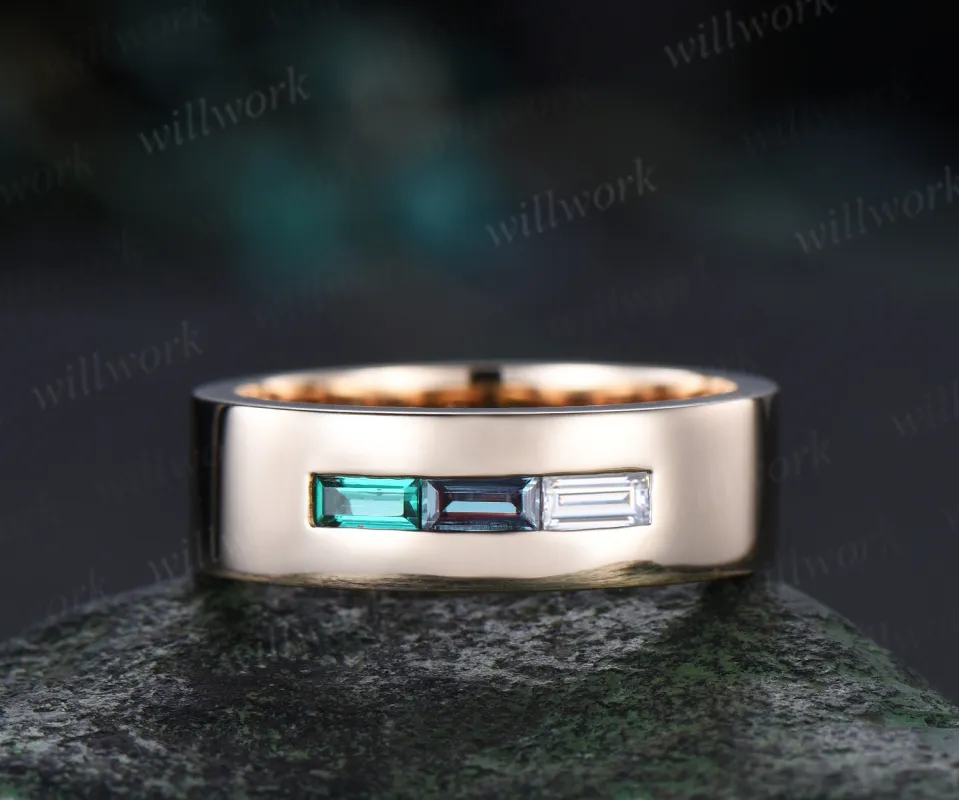 Baguette cut alexandrite emerald wedding band men three stone moissanite mens wedding ring band 14k yellow gold gift for husband sold by Willwork Jewelry