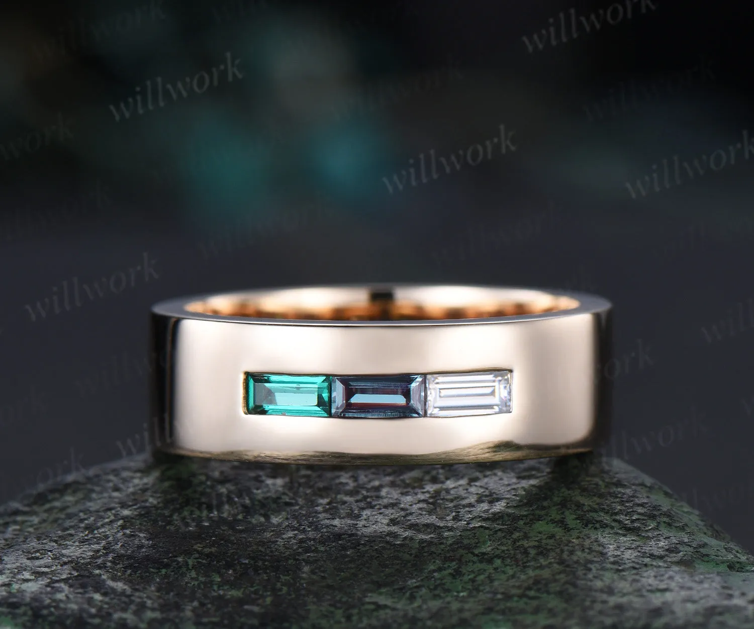 Baguette cut alexandrite emerald wedding band men three stone moissanite mens wedding ring band 14k yellow gold gift for husband sold by Willwork Jewelry