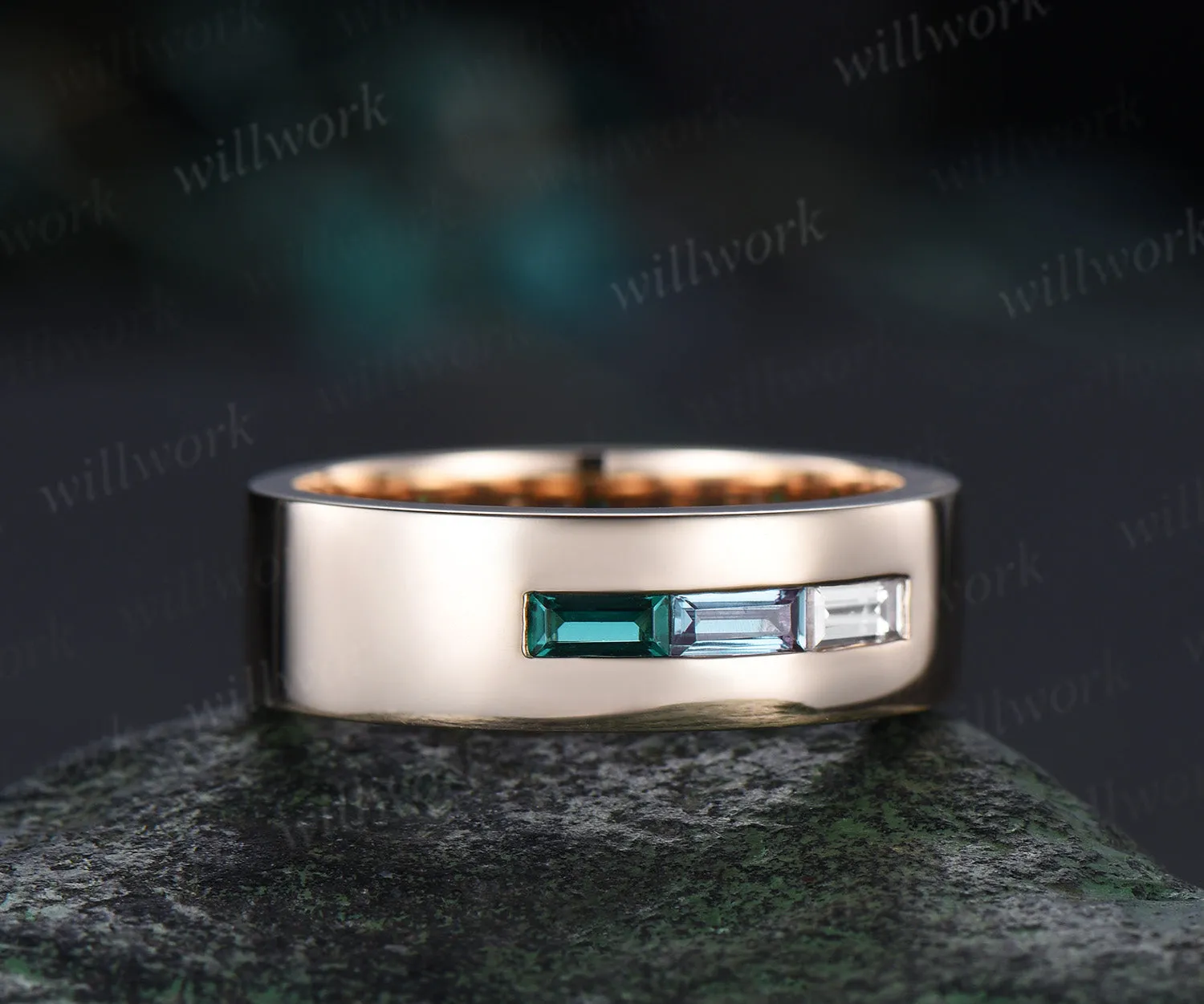 Baguette cut alexandrite emerald wedding band men three stone moissanite mens wedding ring band 14k yellow gold gift for husband sold by Willwork Jewelry product image thumbnail 2