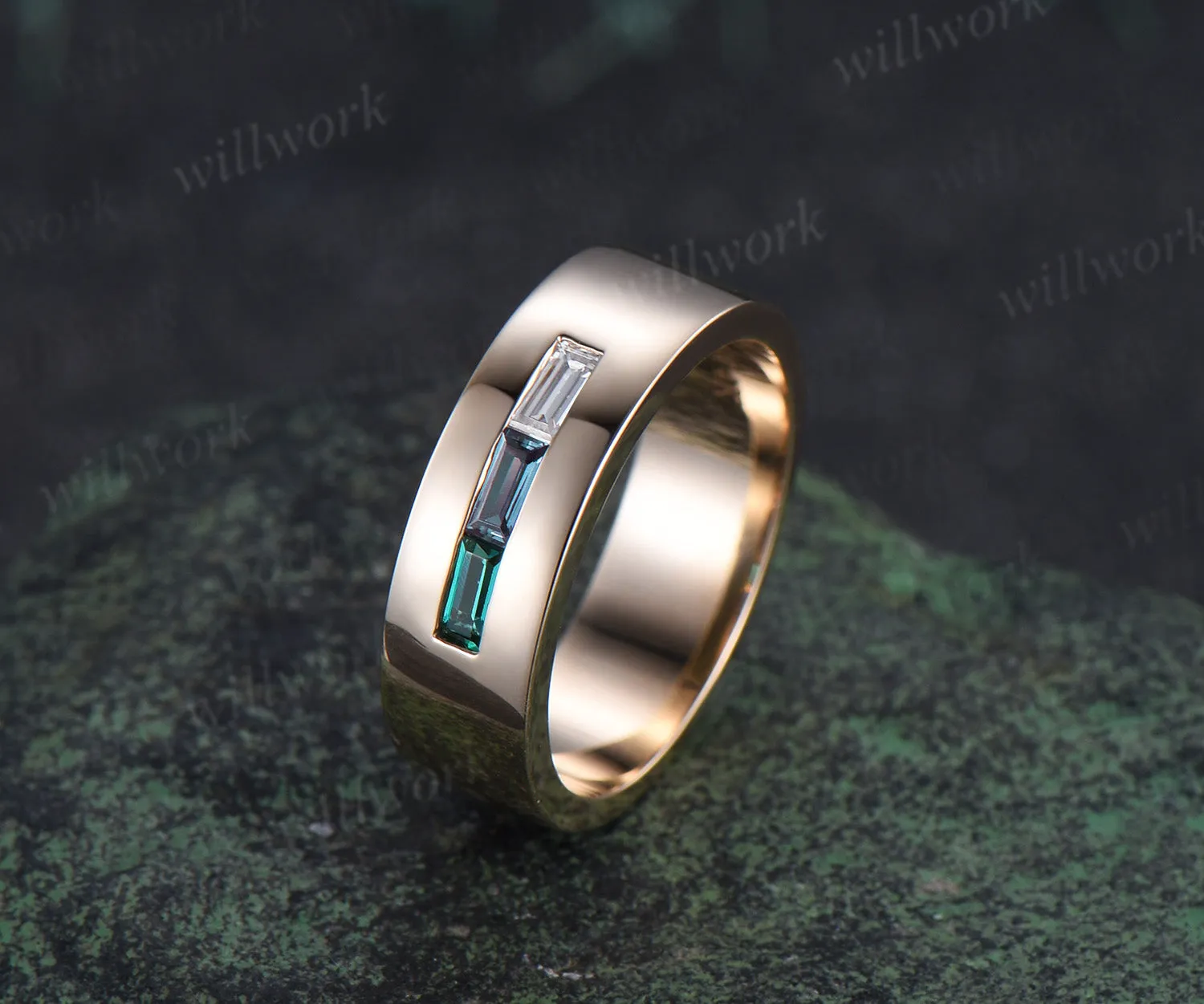 Baguette cut alexandrite emerald wedding band men three stone moissanite mens wedding ring band 14k yellow gold gift for husband sold by Willwork Jewelry product image thumbnail 4