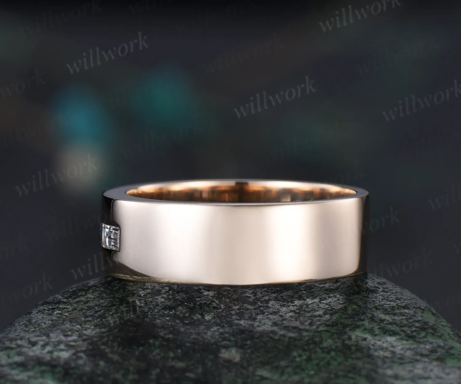 Baguette cut alexandrite emerald wedding band men three stone moissanite mens wedding ring band 14k yellow gold gift for husband sold by Willwork Jewelry product image thumbnail 3