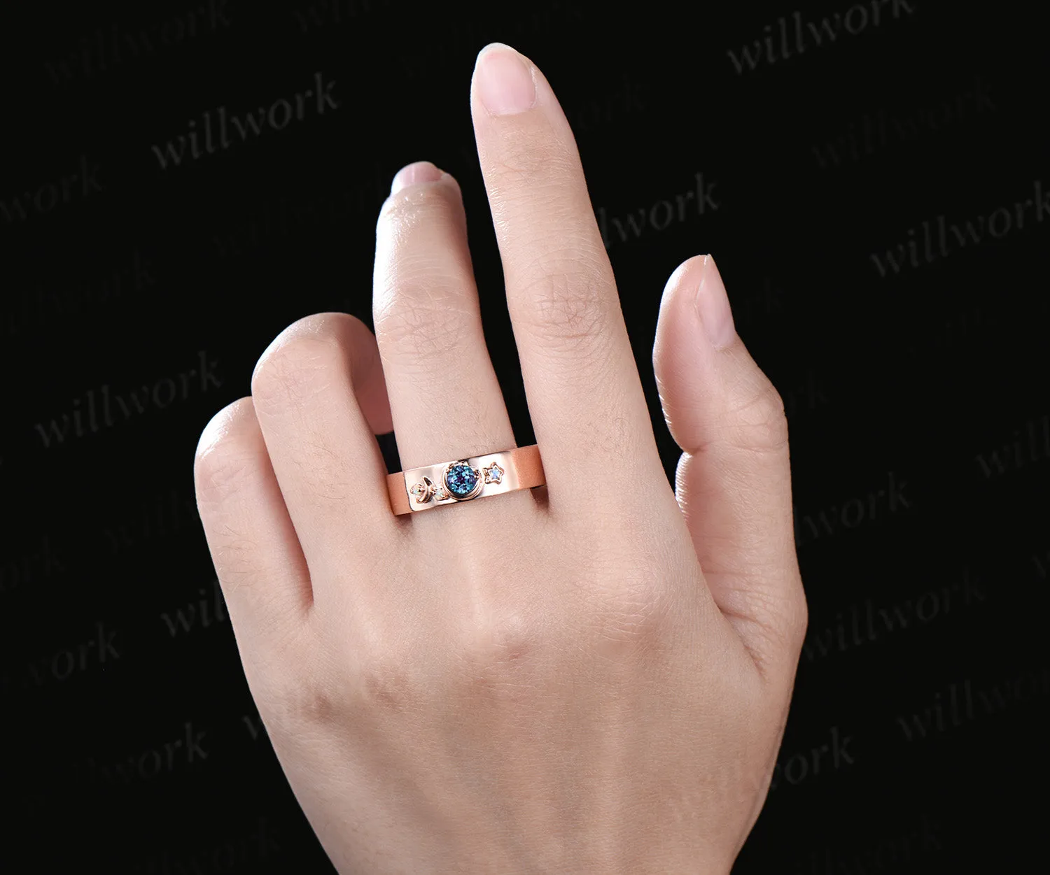 Round cut alexandrite wedding band mens solid 14k rose gold moon star opal moonstone wedding ring gift for husband sold by Willwork Jewelry product image thumbnail 3