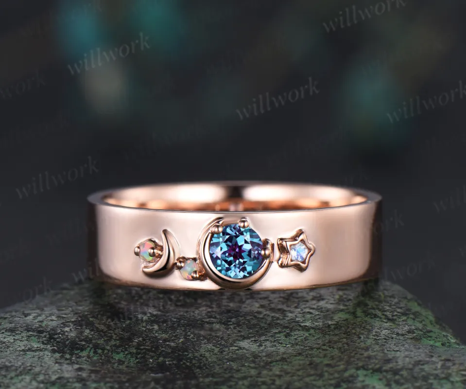 Round cut alexandrite wedding band mens solid 14k rose gold moon star opal moonstone wedding ring gift for husband sold by Willwork Jewelry