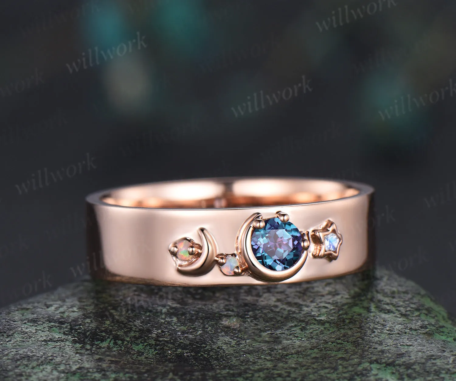 Round cut alexandrite wedding band mens solid 14k rose gold moon star opal moonstone wedding ring gift for husband sold by Willwork Jewelry product image thumbnail 4