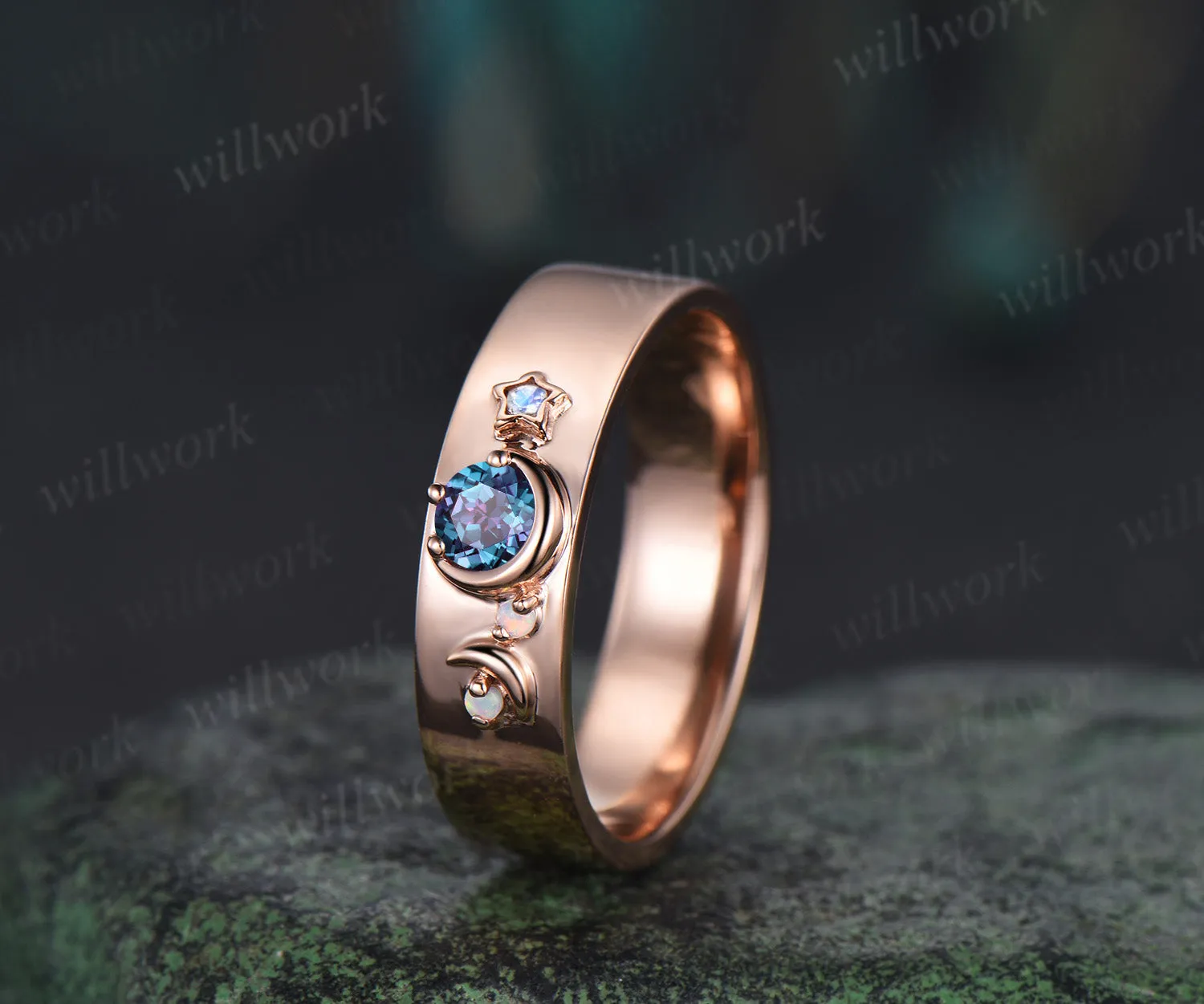 Round cut alexandrite wedding band mens solid 14k rose gold moon star opal moonstone wedding ring gift for husband sold by Willwork Jewelry product image thumbnail 2